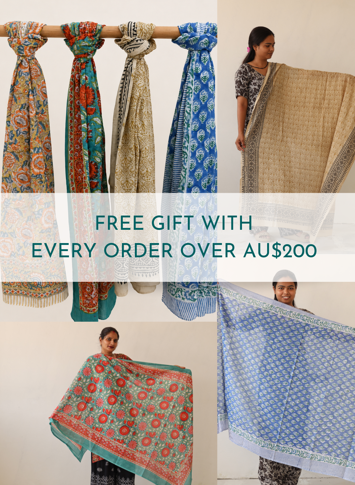 Scarf display with text overlay about free gift with orders over AU$200.