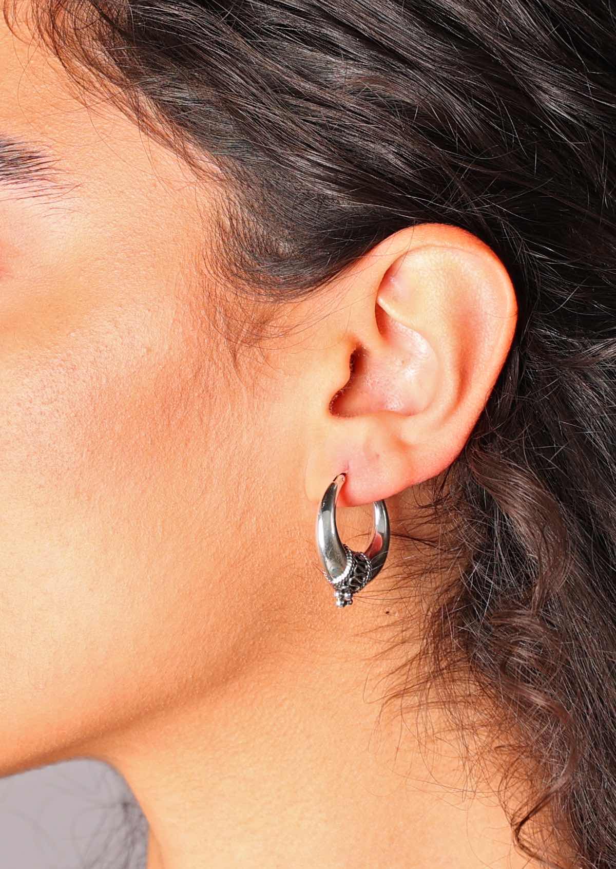 925 silver hollow tapered hoops with detail at the base