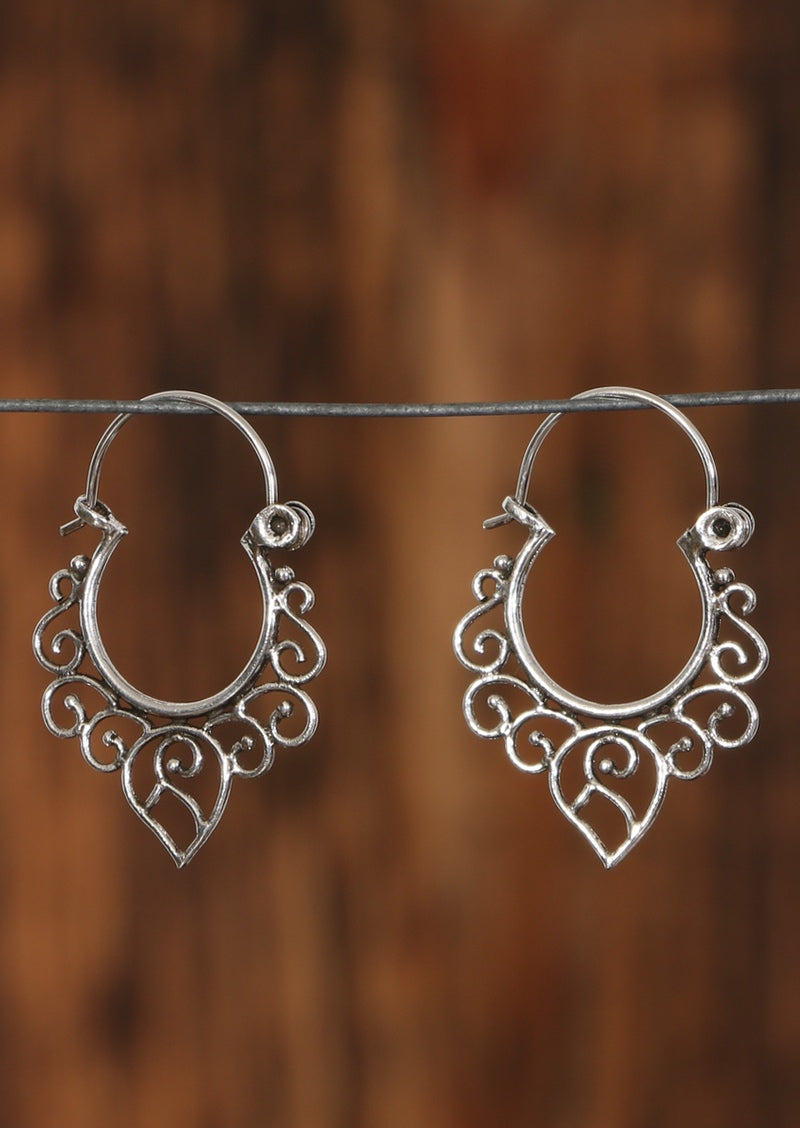 Sterling silver spiral detail hoop earrings with hinged wire clasp