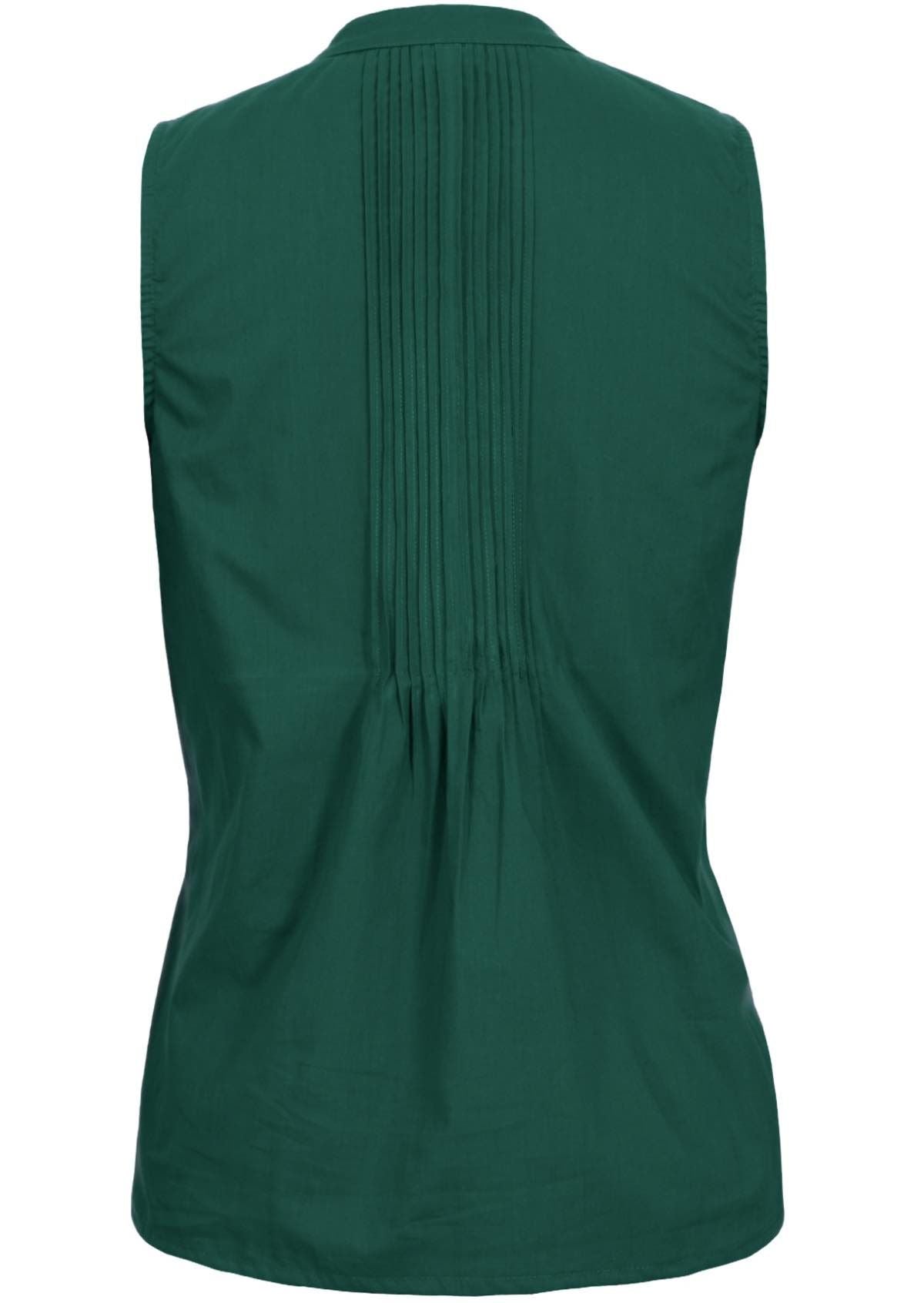 The back side of the top with a plain dark green sleeveless blouse with pleats in the centre of the back