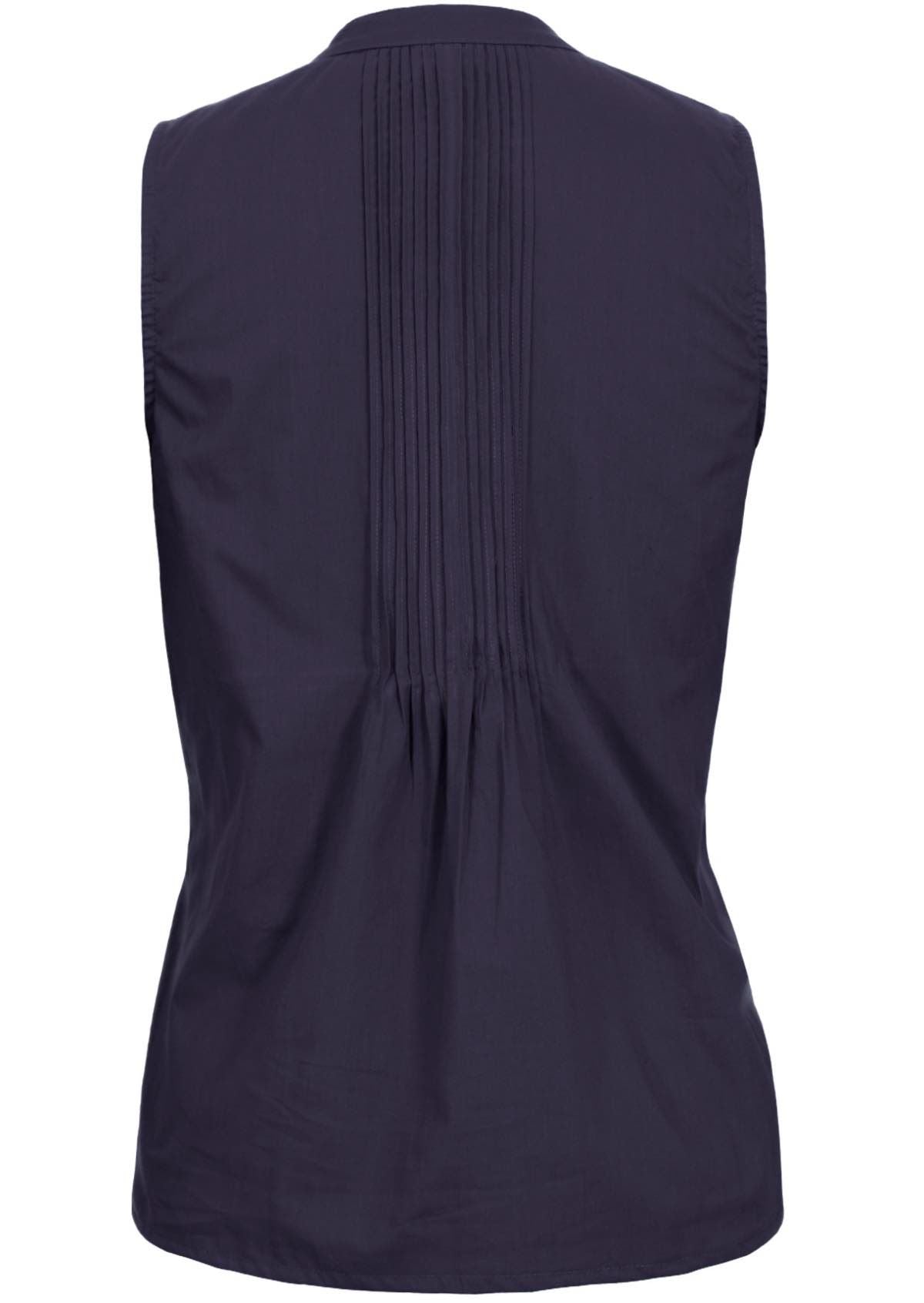 The back view of a dark blue sleeveless blouse and has a series of vertical pleats down the centre of the back