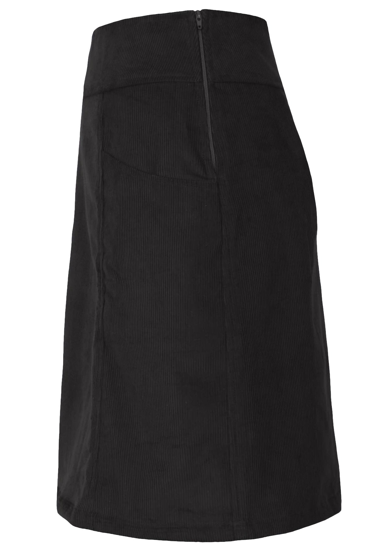 Side mannequin photo of cotton corduroy A-line skirt with pockets and side zip