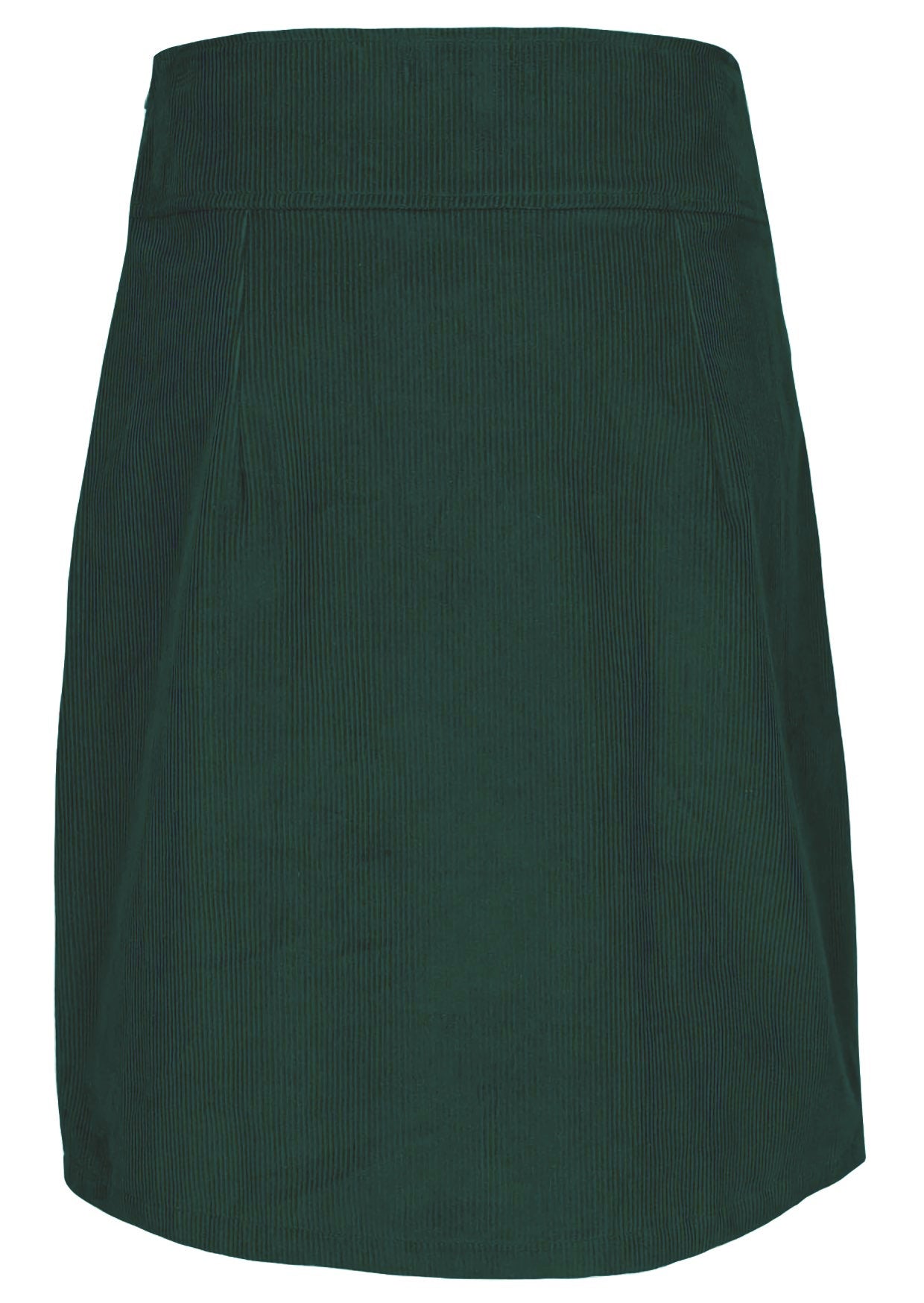 Back mannequin photo of green cotton corduroy knee length A-line skirt
