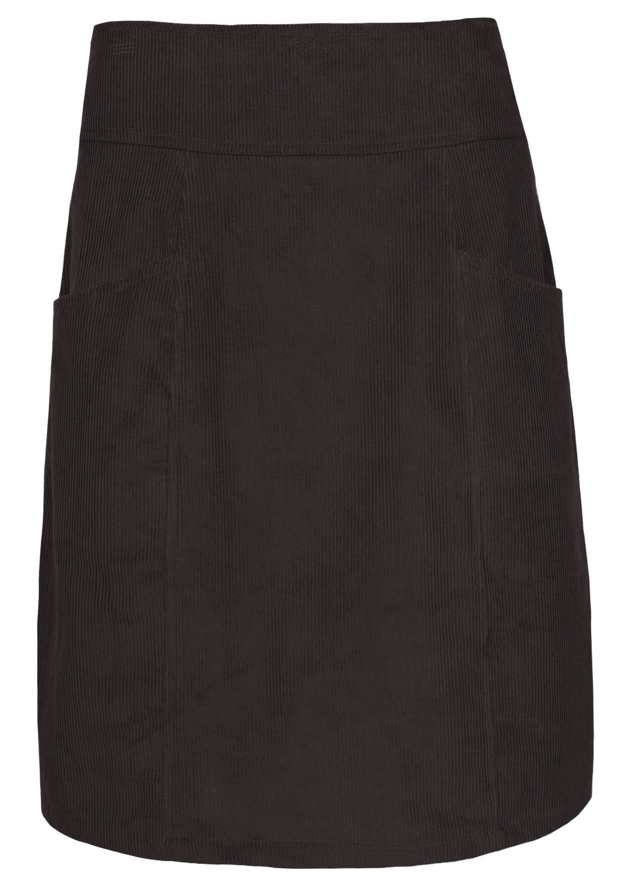 Front mannequin photo of chocolate brown cotton corduroy A-line skirt with pockets