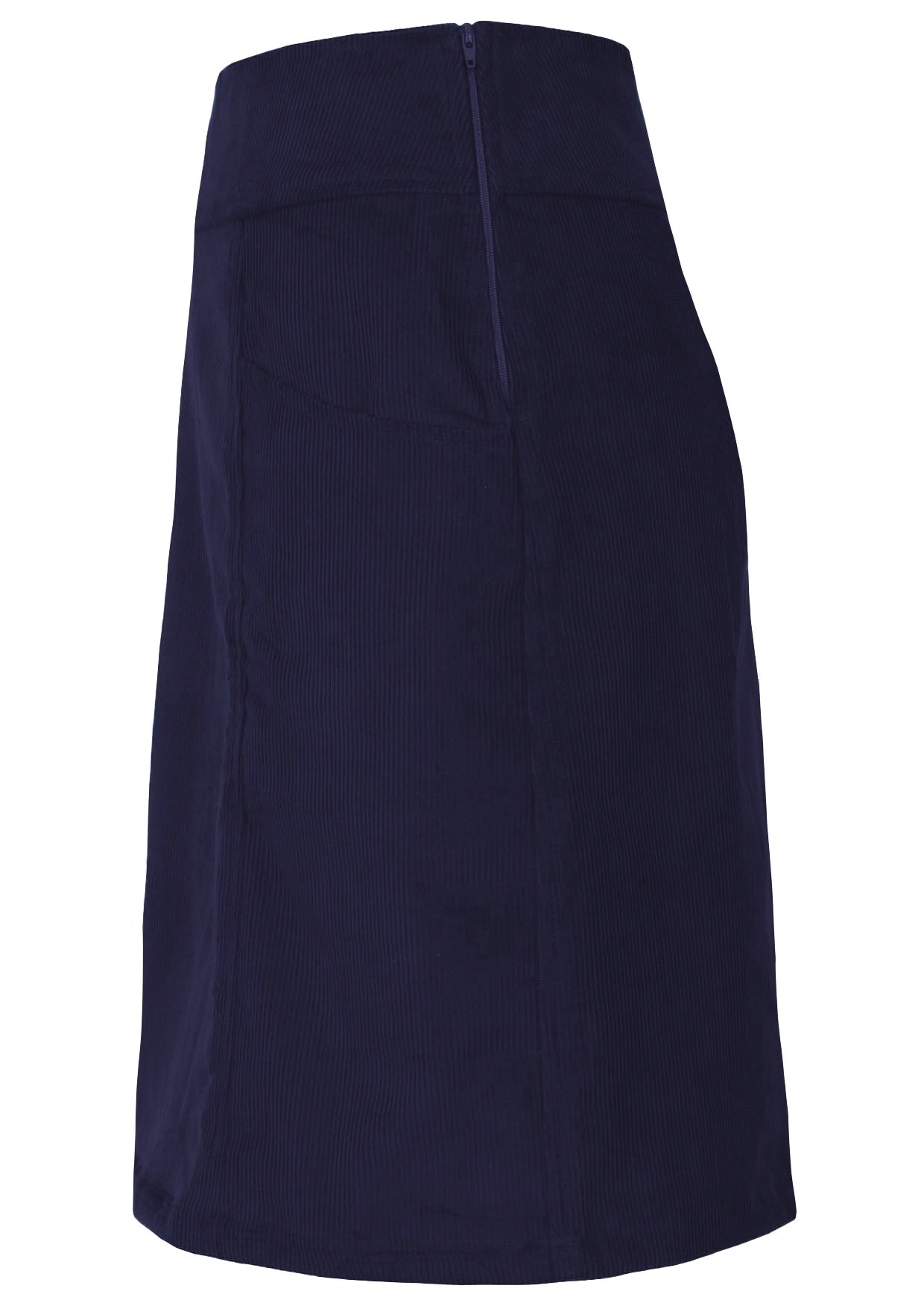 Side view of dark blue cotton corduroy A-line knee length skirt with pockets and side zip