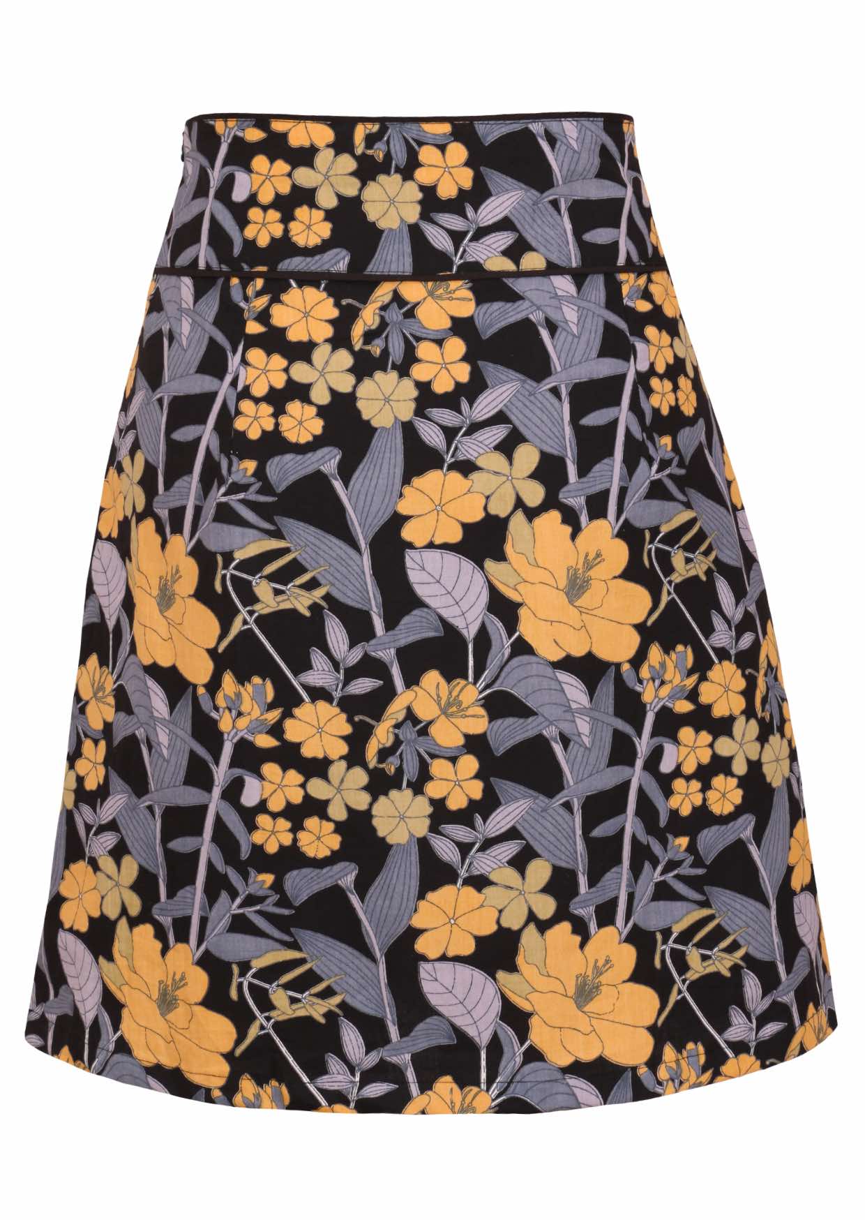 Back view of black based floral print cotton A-line skirt with wide waistband and piped detail