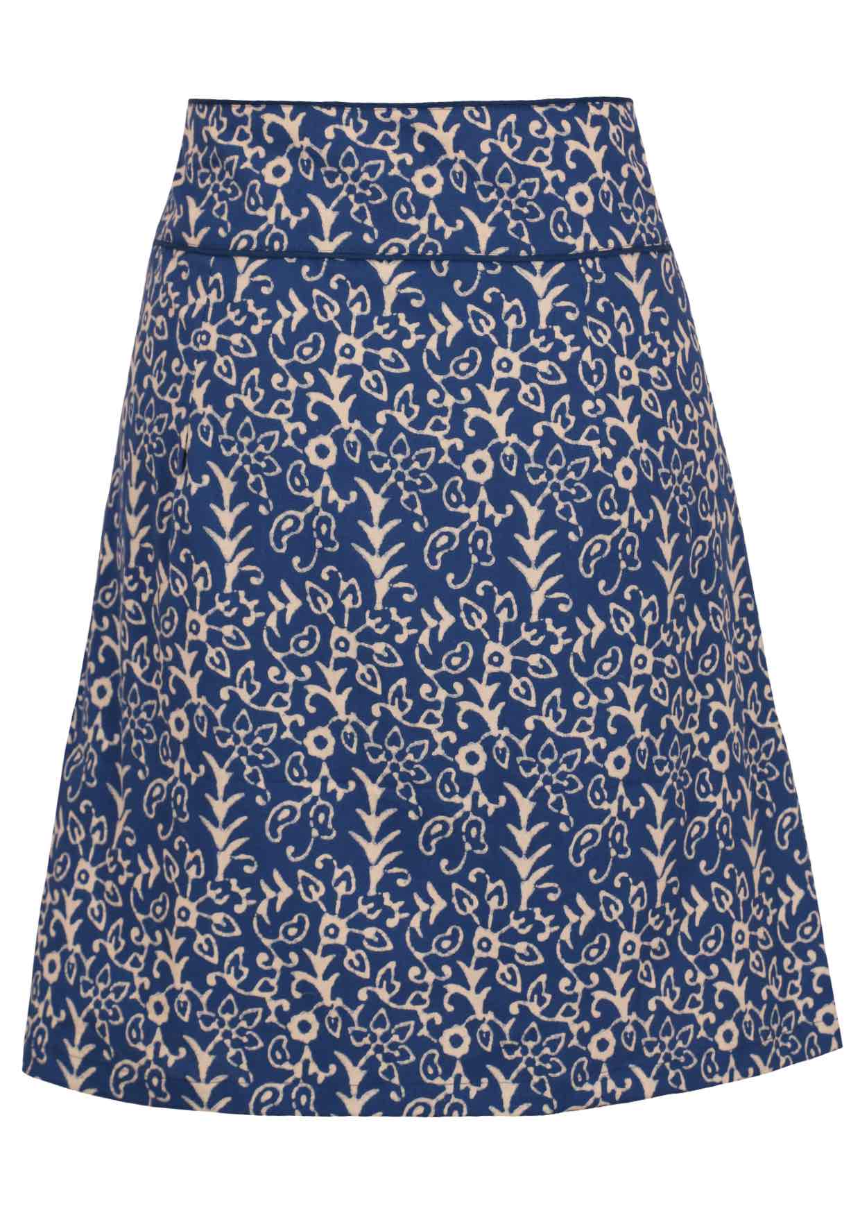 Blue cotton mid-length skirt with a wide piped waistband and beautiful pockets.