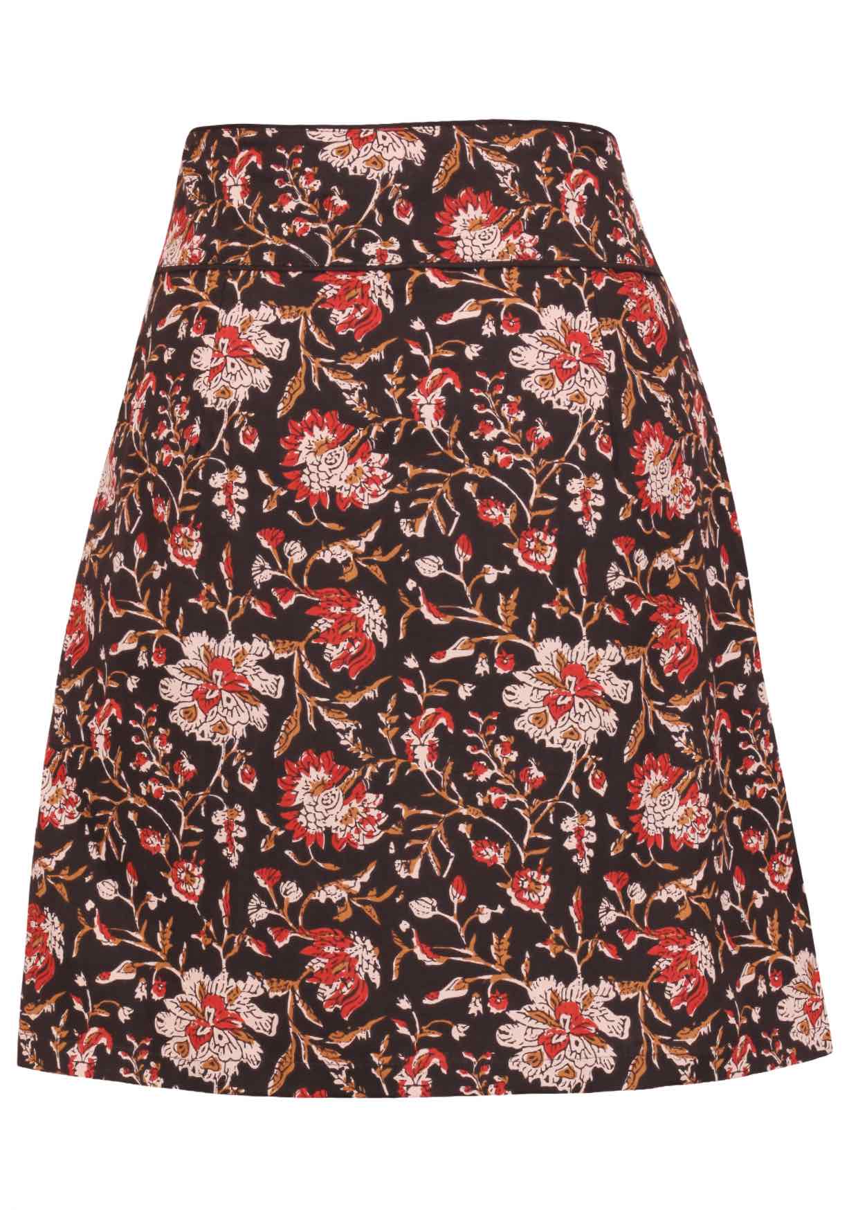 Black based floral print skirt with a wide waistband