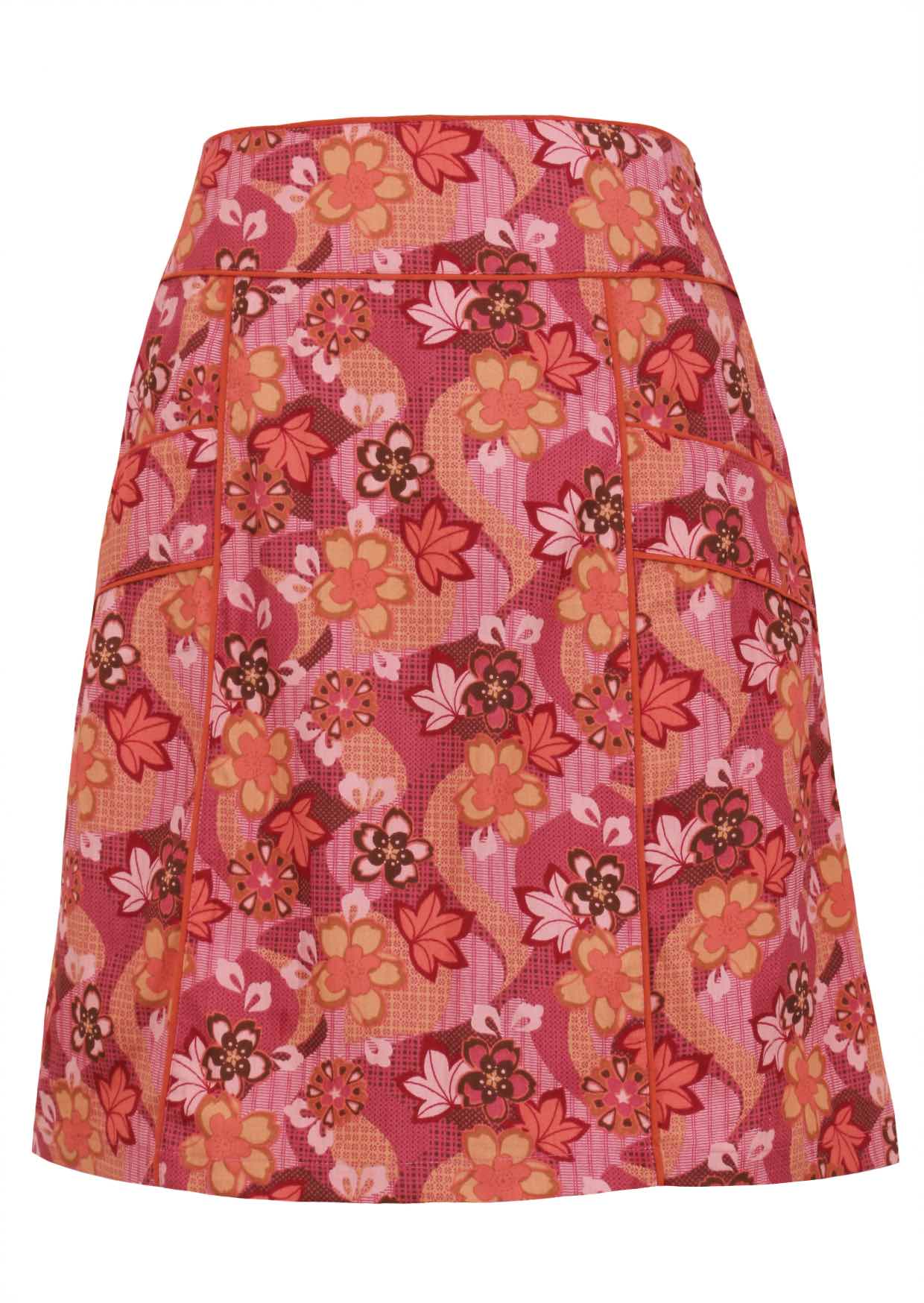 Japanese-style print cotton skirt in pink, maroon, brown, peach, and khaki tones with pockets.