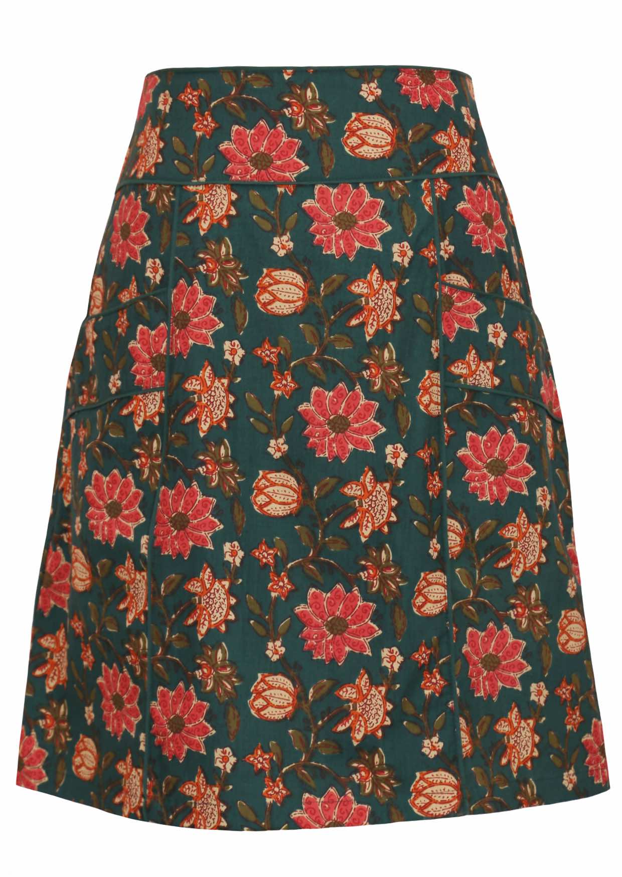 100% cotton above knee skirt with piped details, pockets and bold pinkish florals on deep green base.