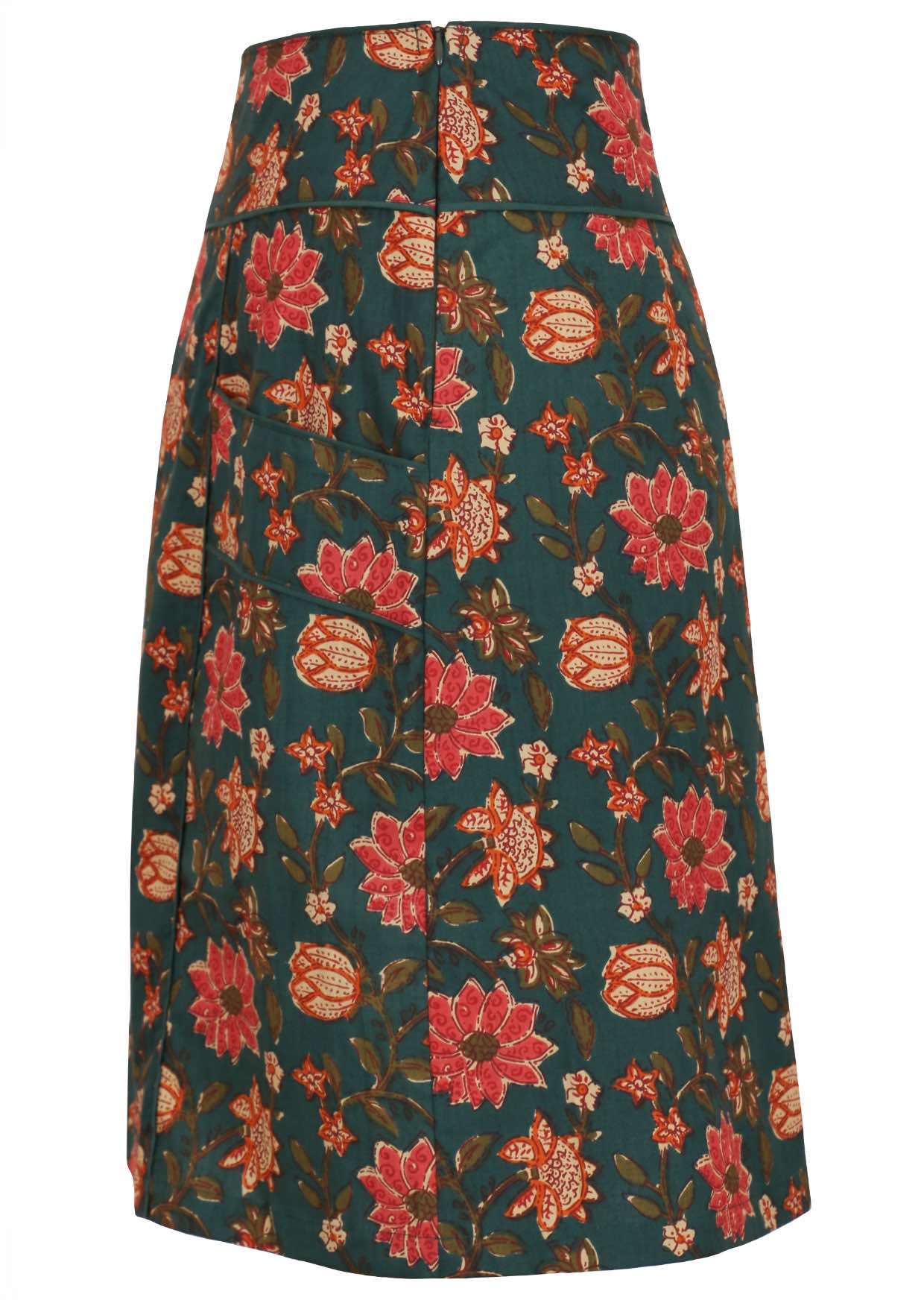 Side image of A line cotton skirt with wide piped waistband, pockets and hidden side zipper