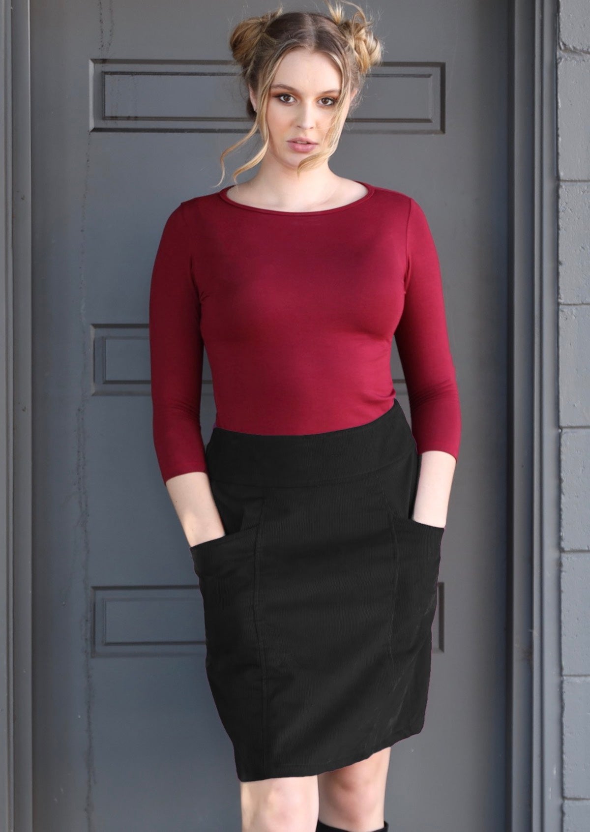 Aalia Cord Skirt Black with pockets