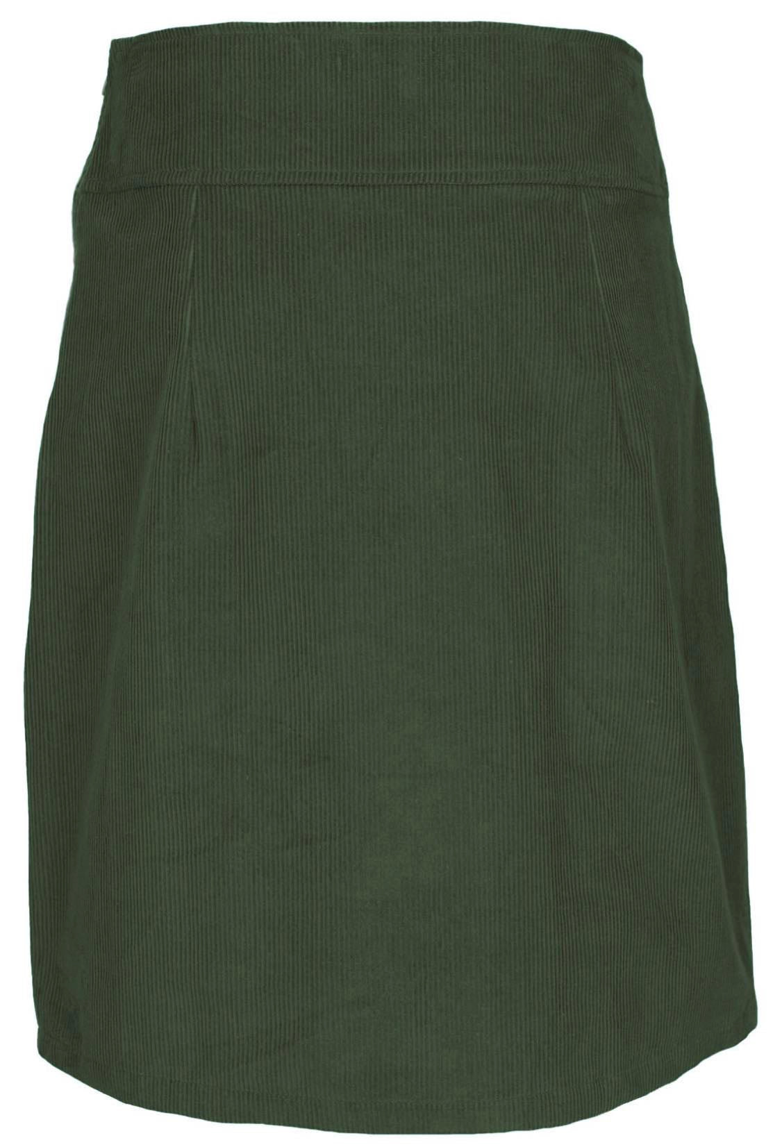 Back mannequin photo of green cotton corduroy knee length A-line skirt