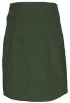 Back mannequin photo of green cotton corduroy knee length A-line skirt