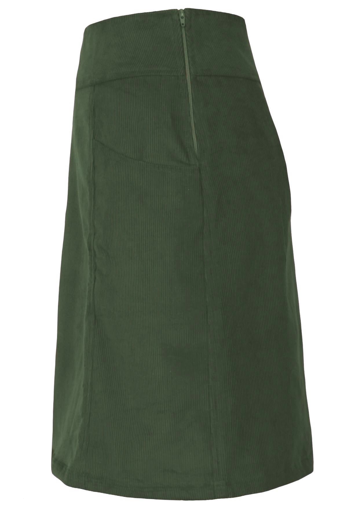 Side mannequin photo of green cotton corduroy knee length A-line skirt with side zip and pockets