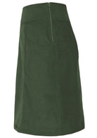 Side mannequin photo of green cotton corduroy knee length A-line skirt with side zip and pockets