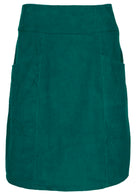 Front mannequin photo of teal cotton corduroy knee length A-line skirt with pockets