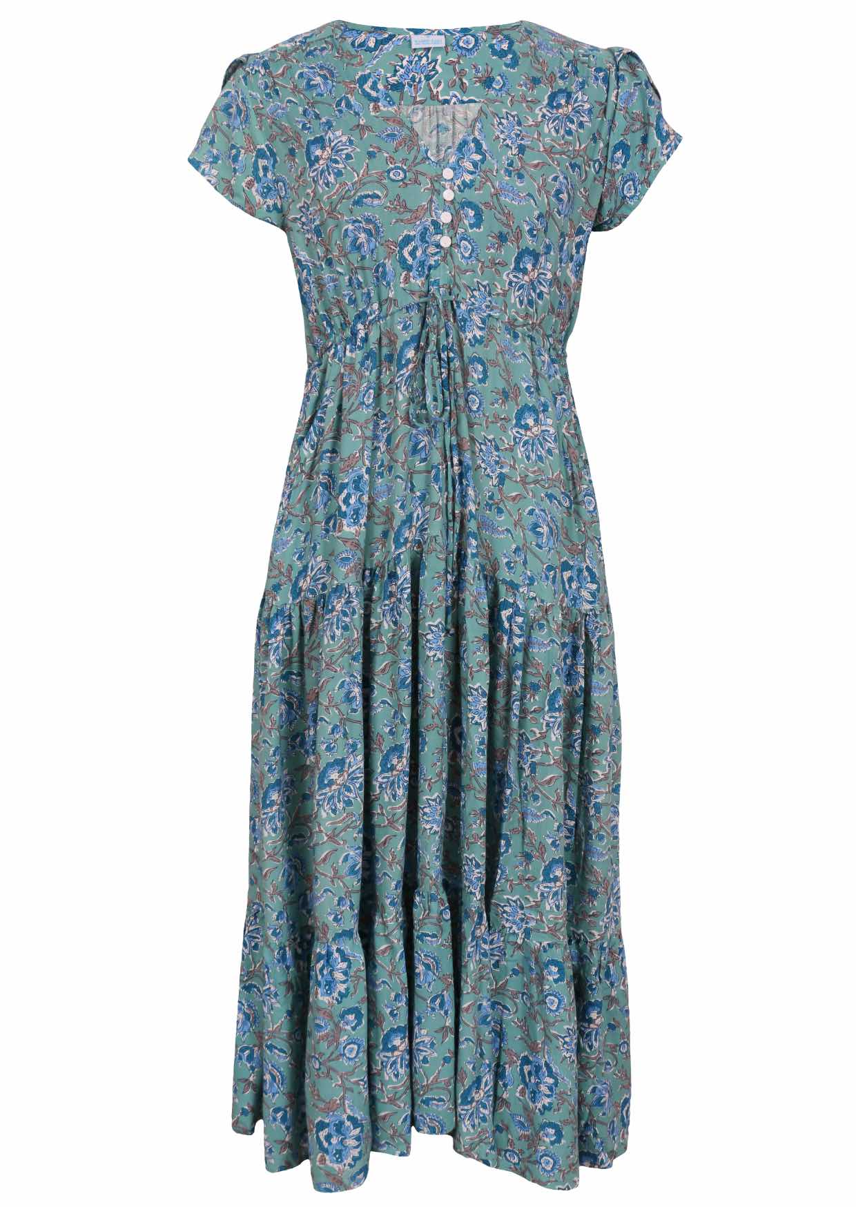 Blue floral print on aqua base rayon dress with generous skirt, cap sleeves and buttoned bodice