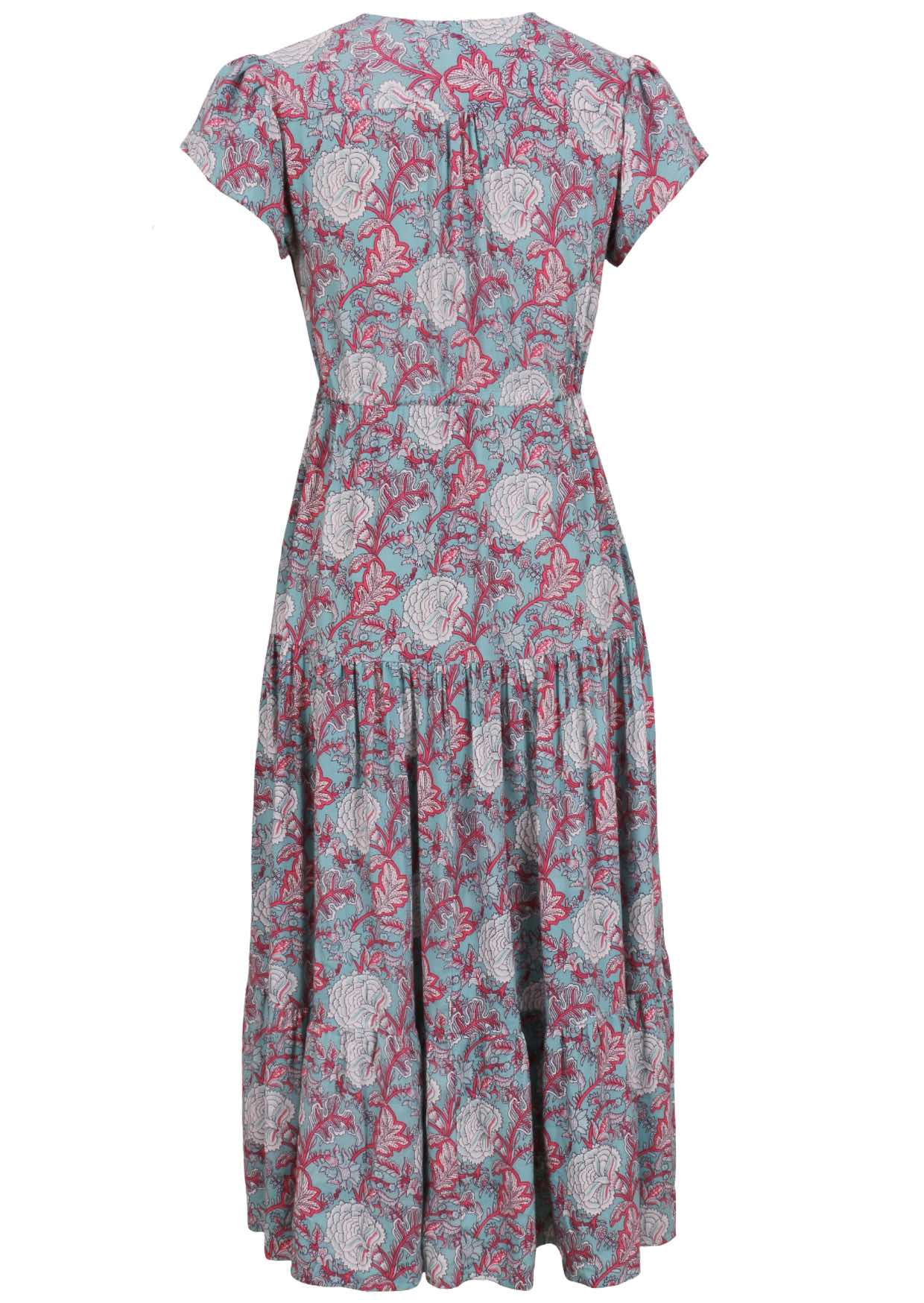 Blue based pink and white floral print rayon short sleeve dress with pockets.