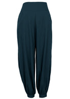 100% cotton plain deep teal relaxed fit pants with wide flat front waistband, cuffed ankles and pockets