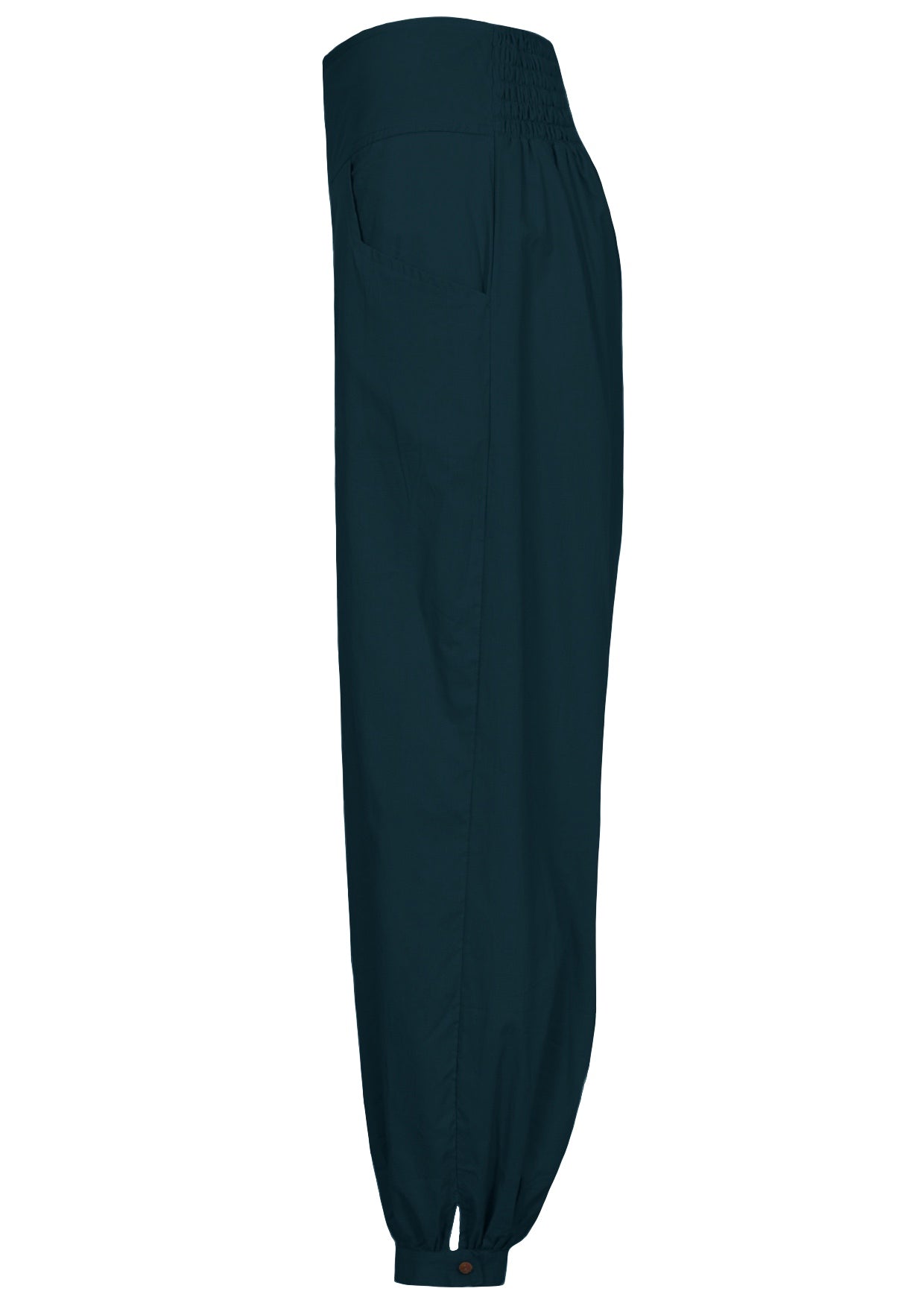 Side view of relaxed fit cotton pants with shirring at back of the waist, pockets and cuffed ankles with buttons