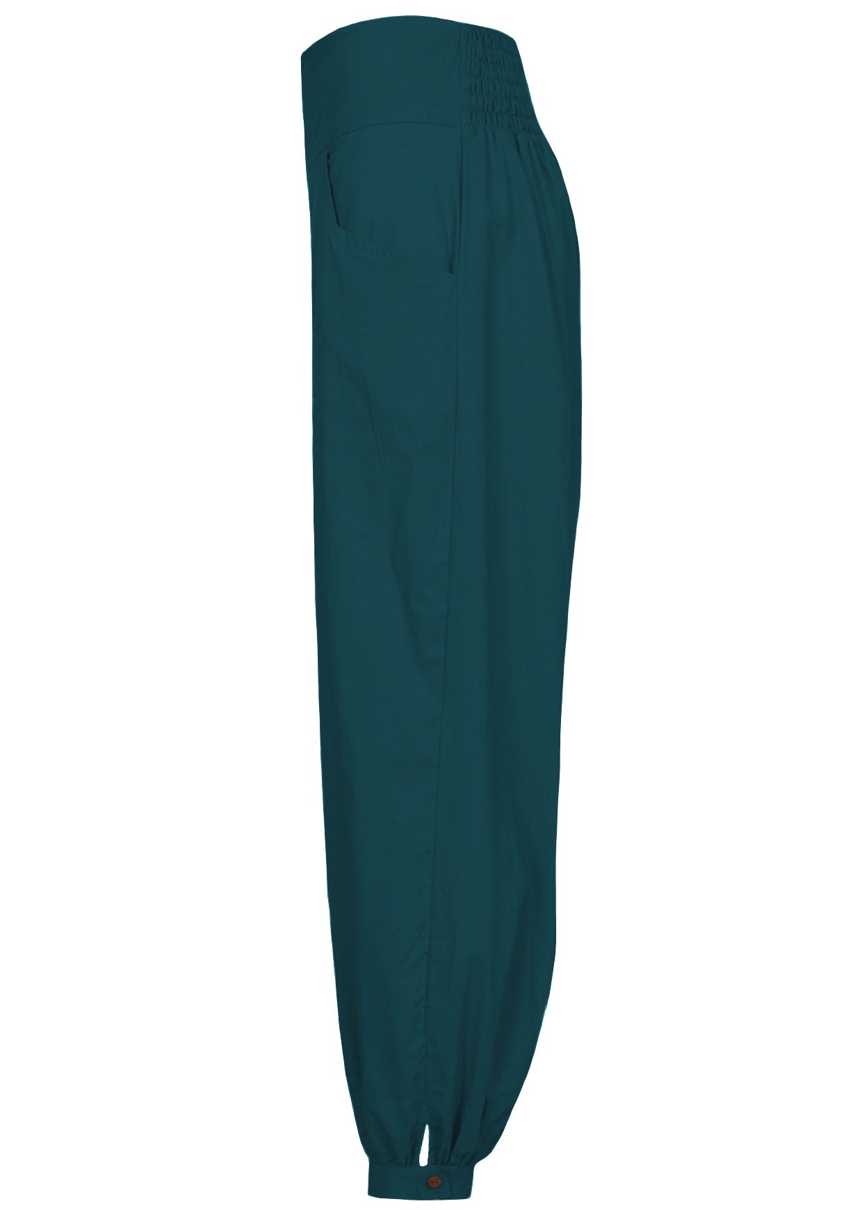 Side view of relaxed fit cotton pants with shirring at back of the waist, pockets and cuffed ankles with buttons