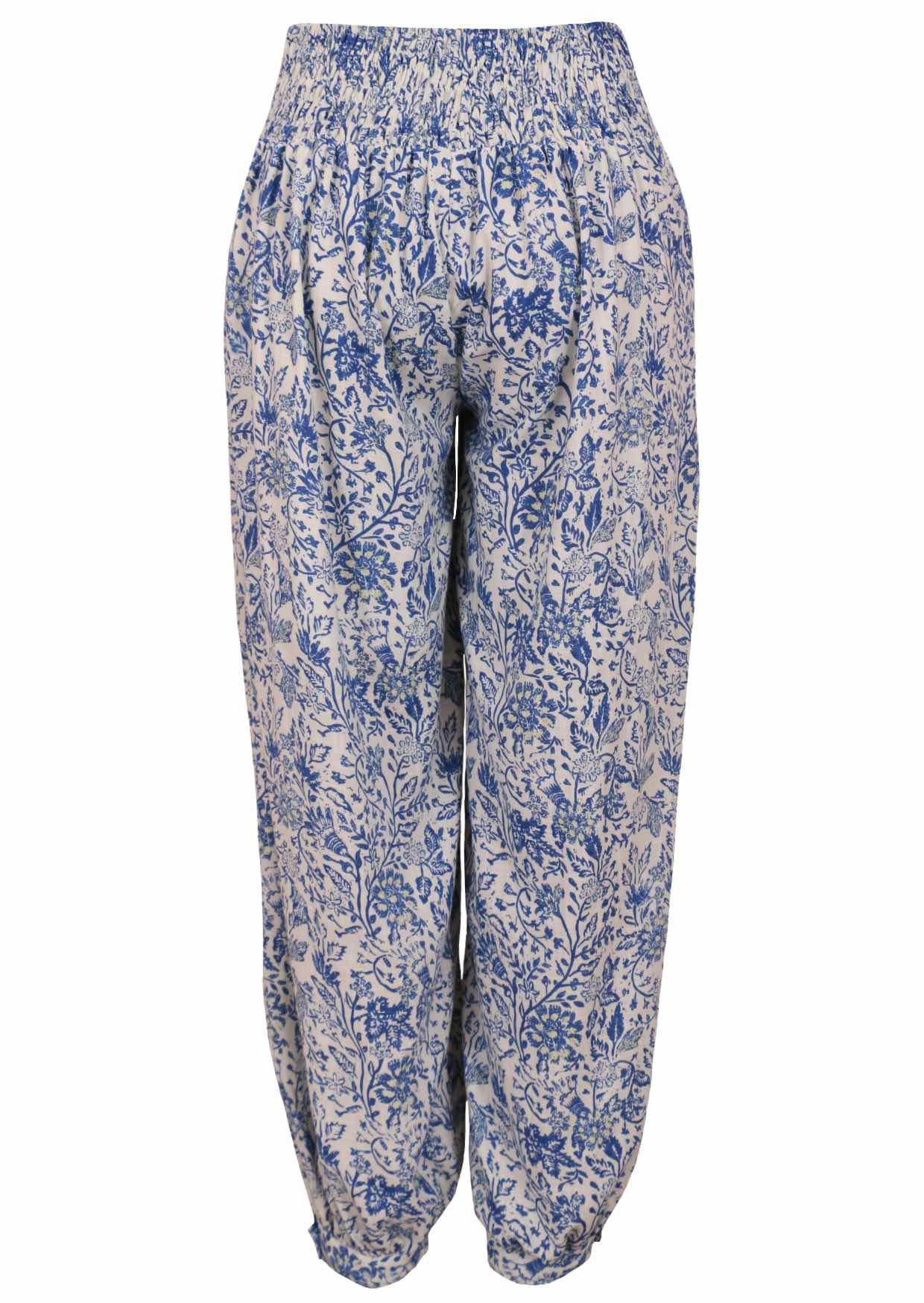 White based blue floral print harem pants with elasticated back waistband