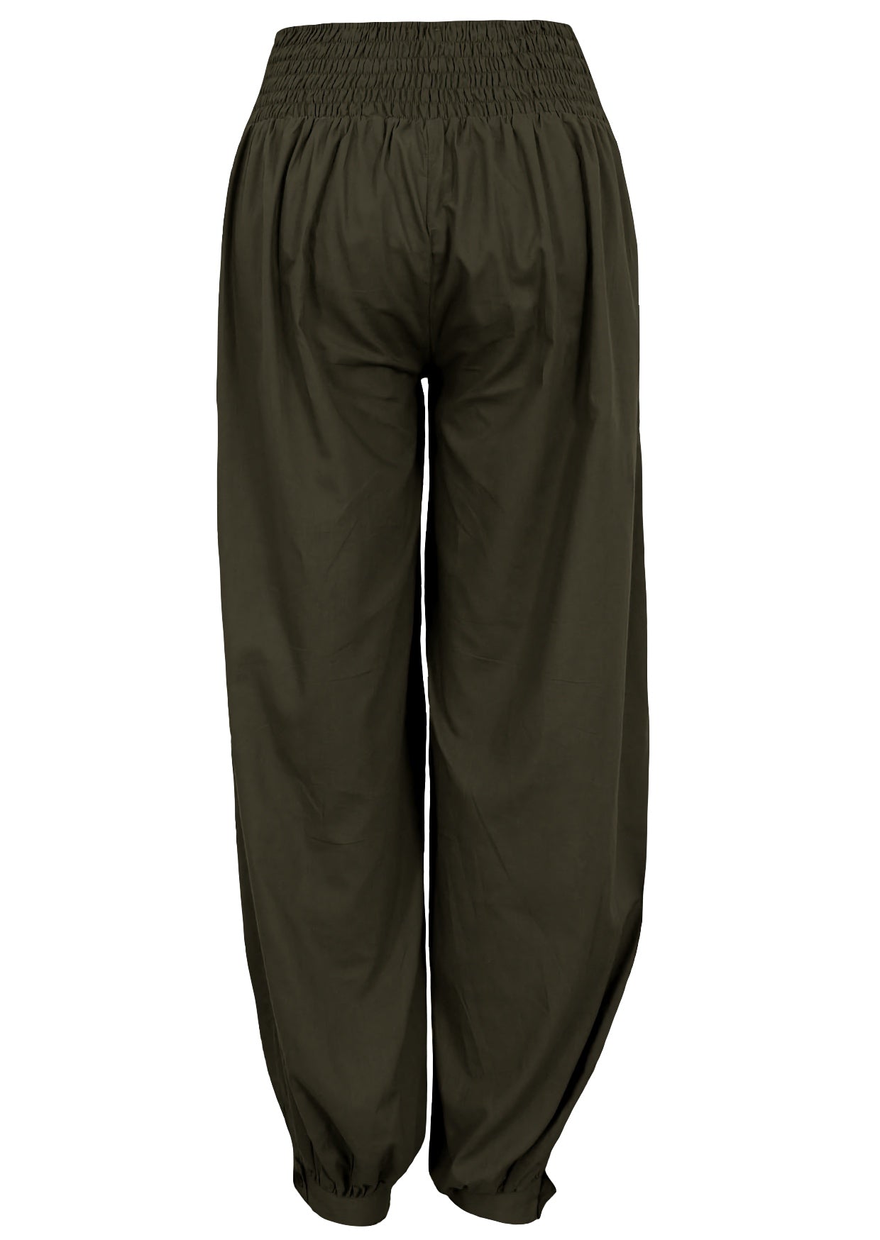 Olive green shade cotton relaxed fit pants with elastic back waist, pockets and cuffed ankles
