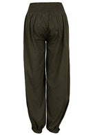 Olive green shade cotton relaxed fit pants with elastic back waist, pockets and cuffed ankles