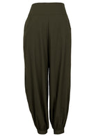 100% cotton harem pant in olive green shade with flat front waistband, pockets and cuffed ankles