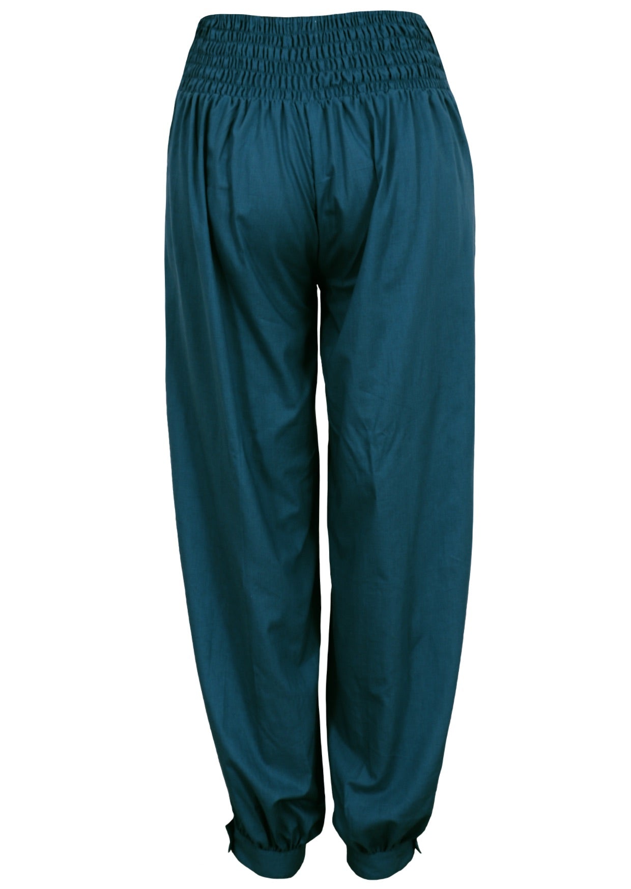 Back mannequin photo of blue lightweight cotton pants with wide waistband with shirring in the back, and buttoned cuffed ankle