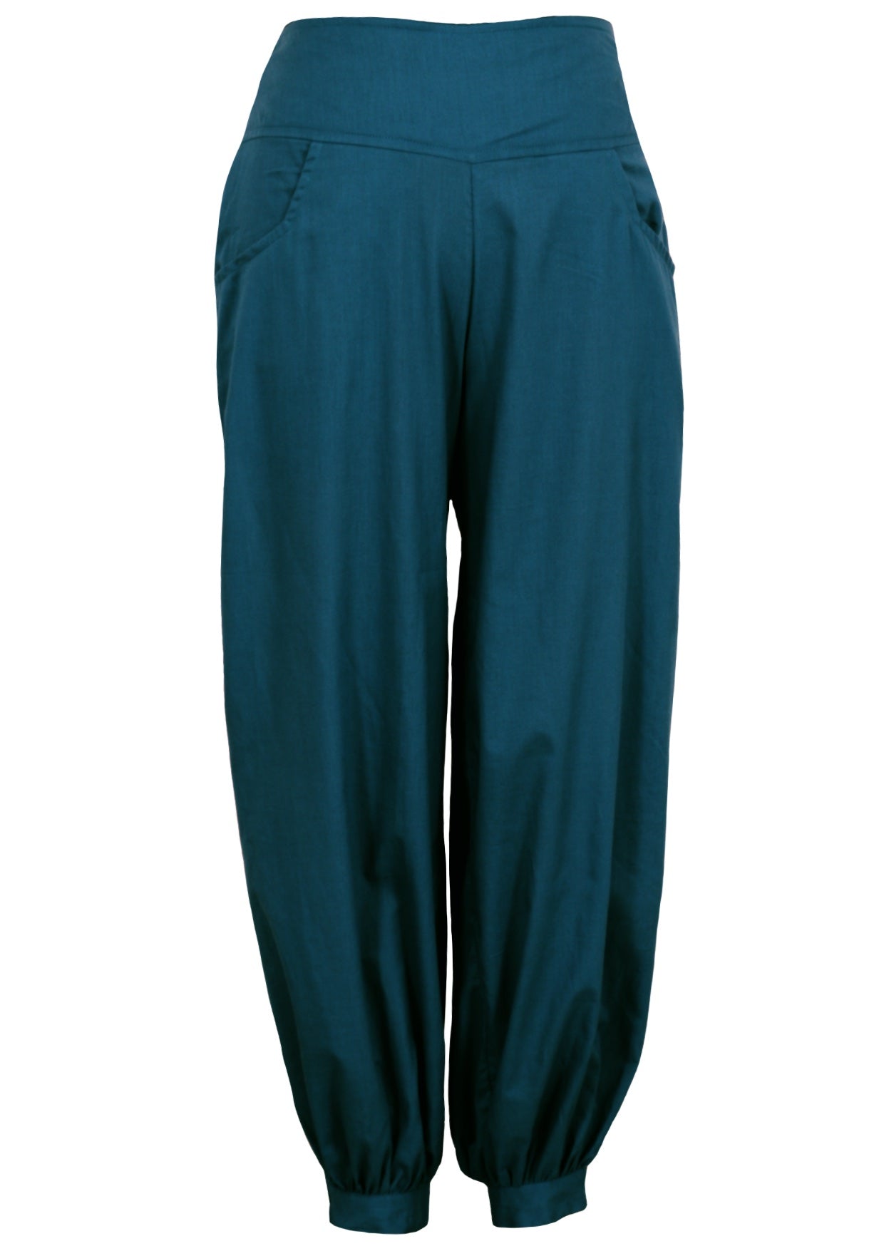 Front mannequin photo of blue lightweight cotton pants with pockets, wide waistband, and buttoned cuffed ankle