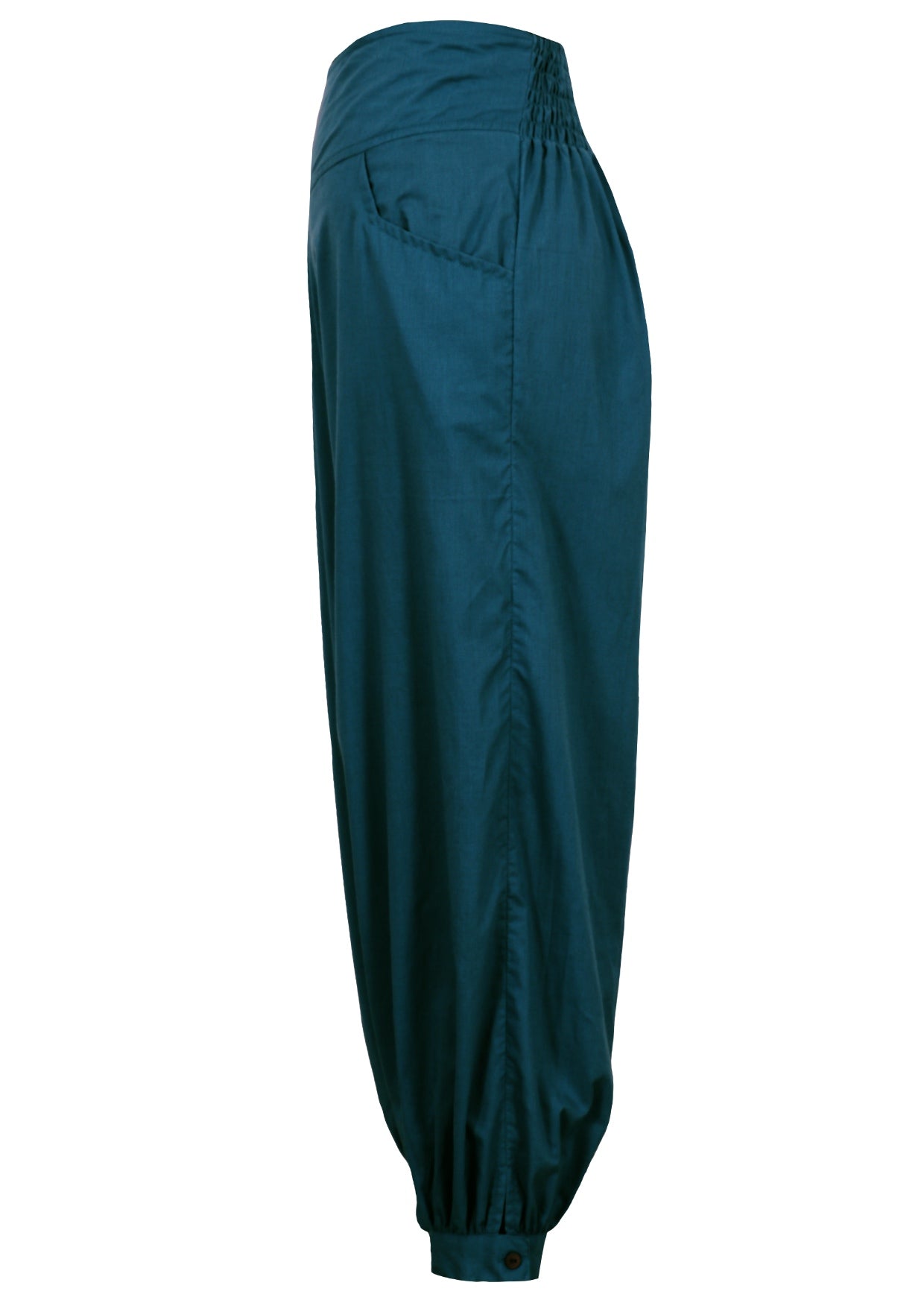 Side mannequin photo of blue lightweight cotton pants with pockets, wide waistband, and buttoned cuffed ankle