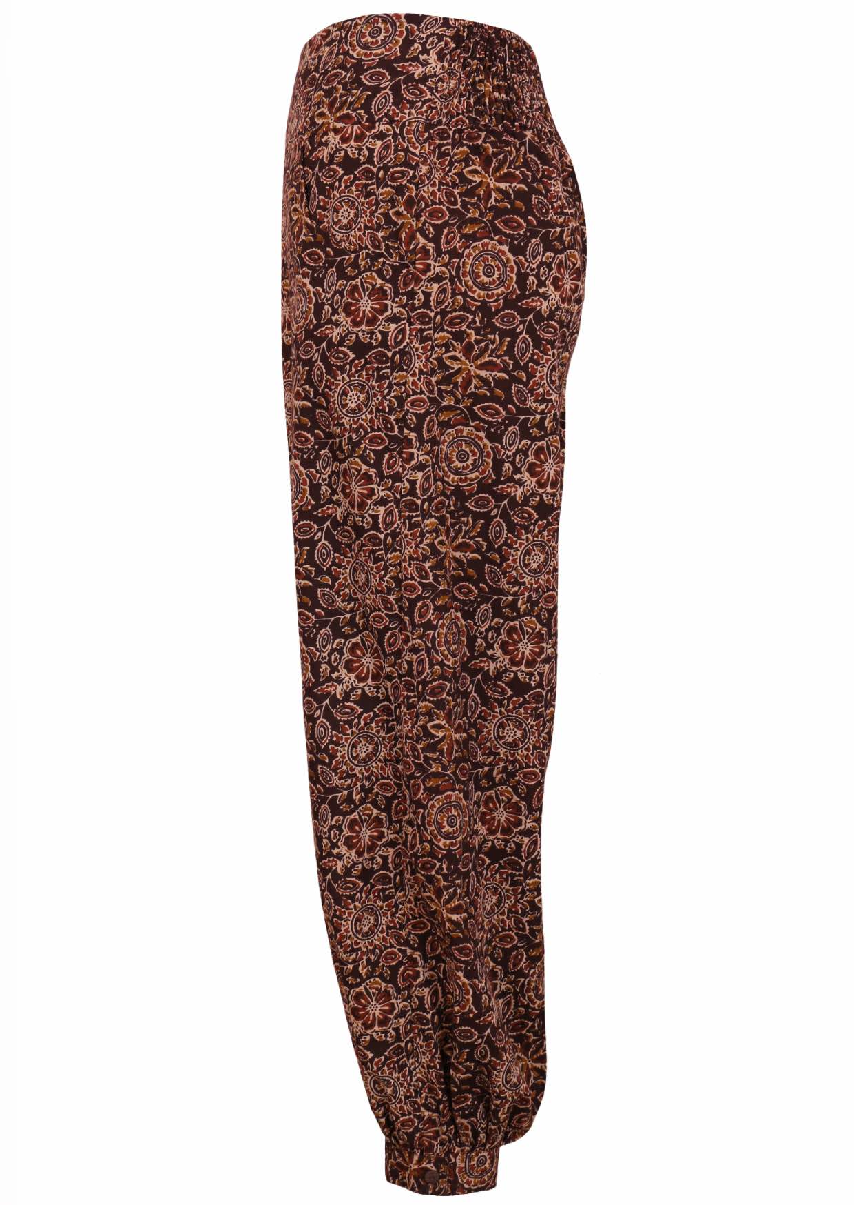 100% cotton floral printed brown pants with pockets and cuffed buttoned ankles