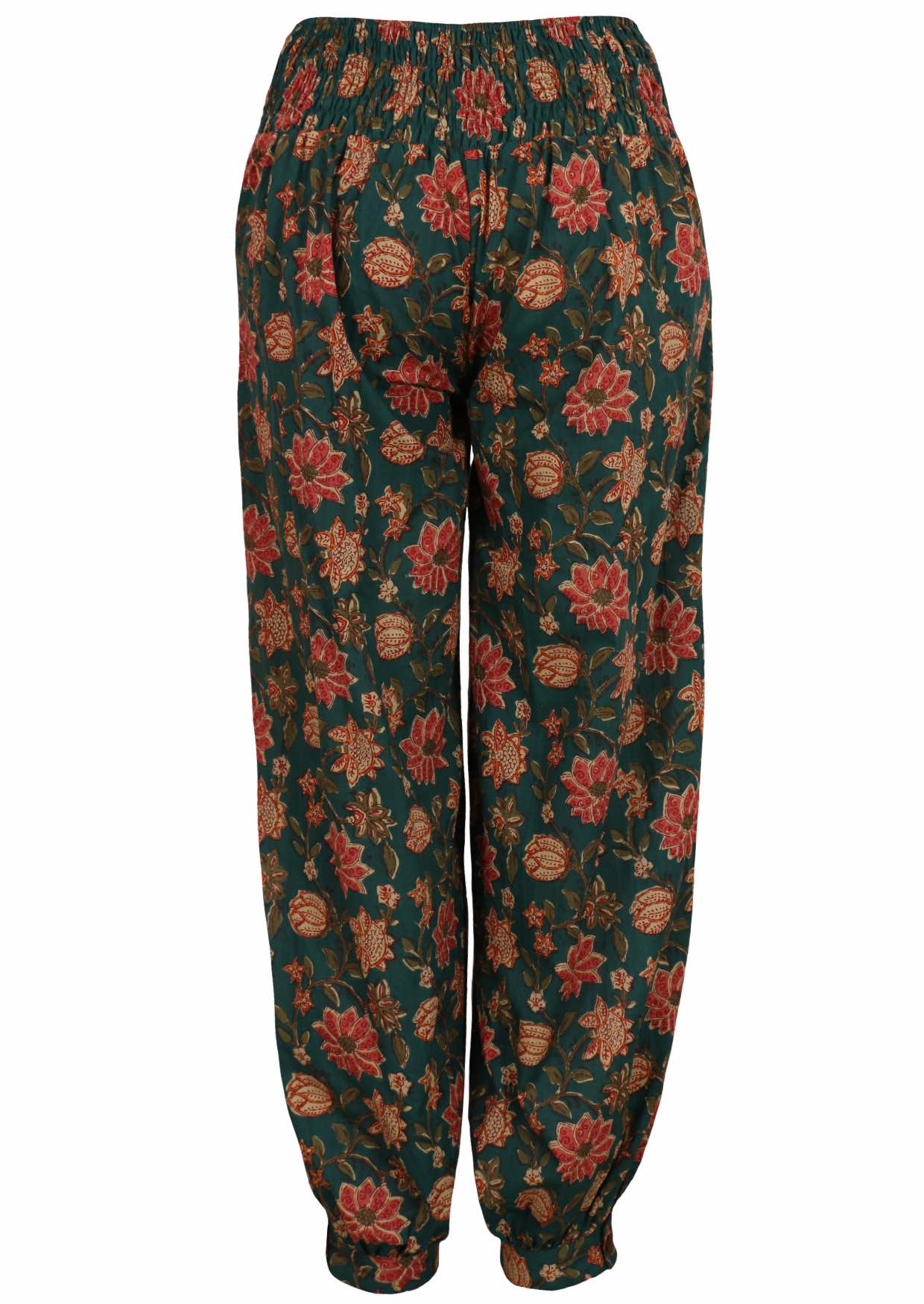 Green floral printed pants with buttoned ankles, pockets and elastic at the back.