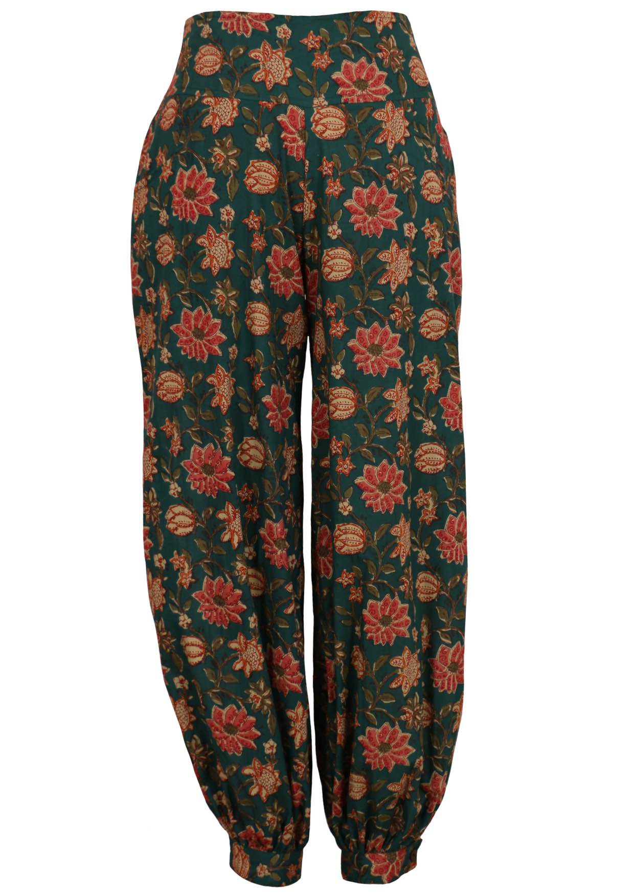 Front image of green based floral print cotton harem pants with pockets and cuffed ankles.