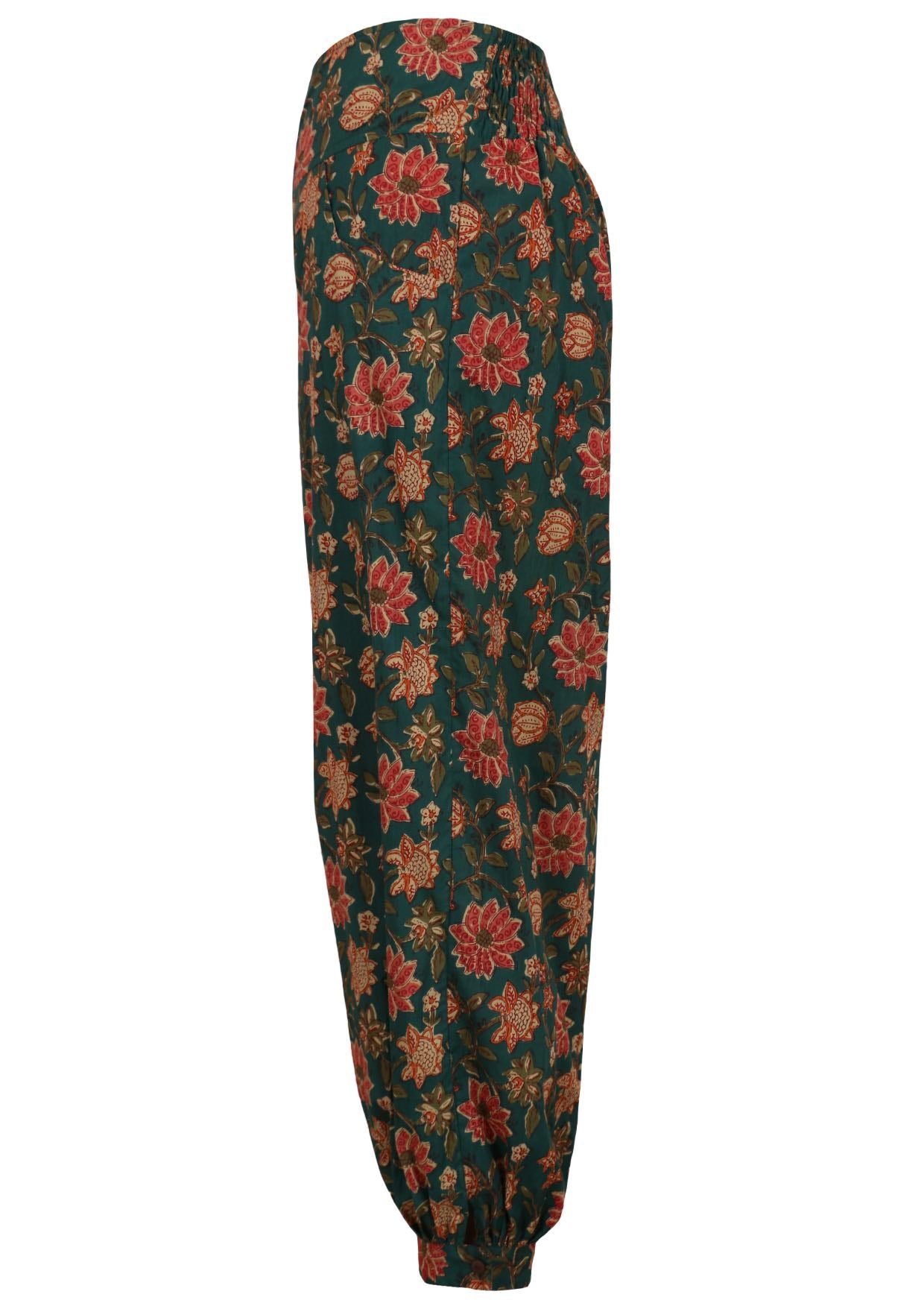 100% cotton boho style pants with pockets, wide waistband and shirring at the back.