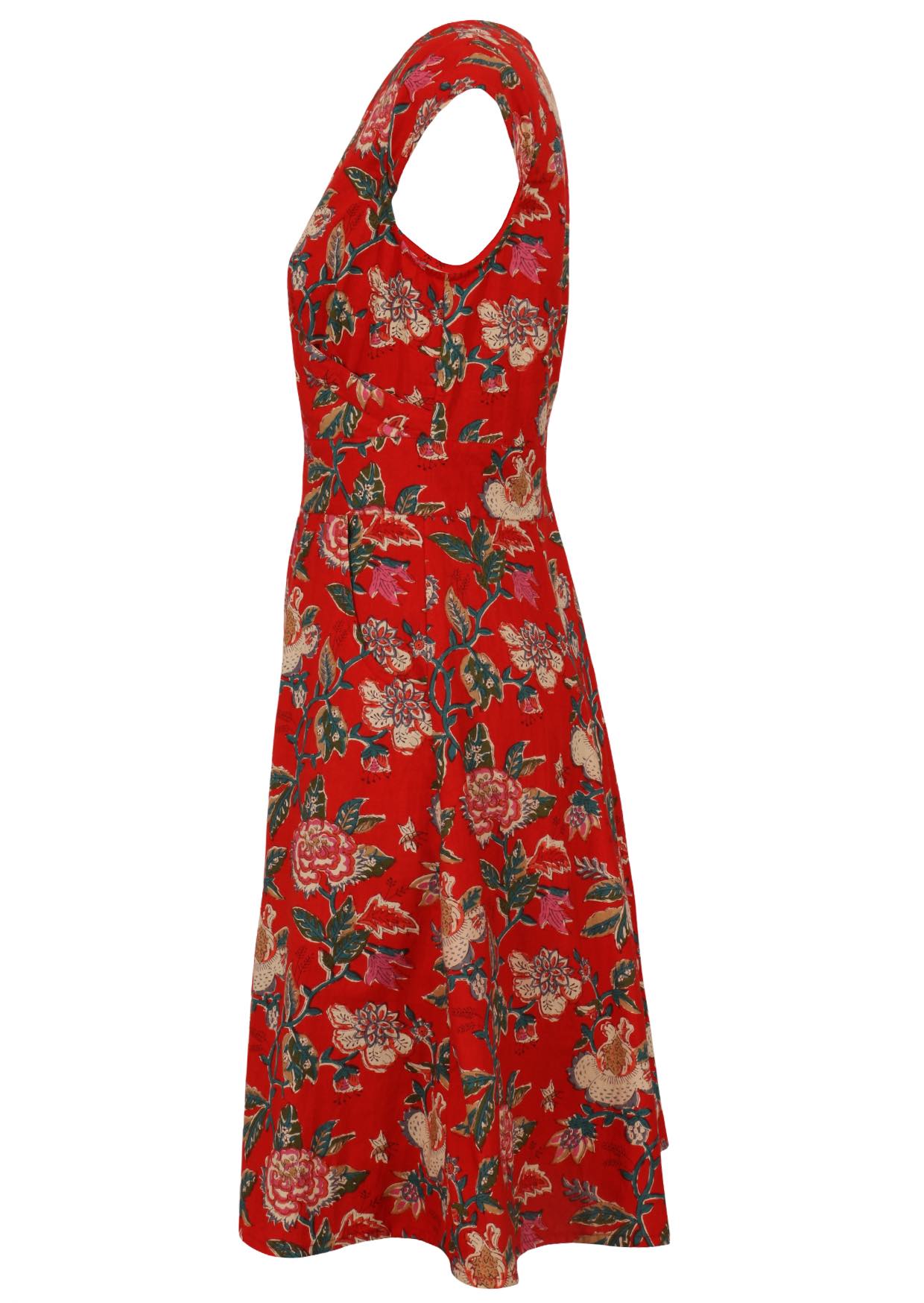 Side view of 100% cotton dress with a bold vine floral print in vibrant multicolours on bright red.