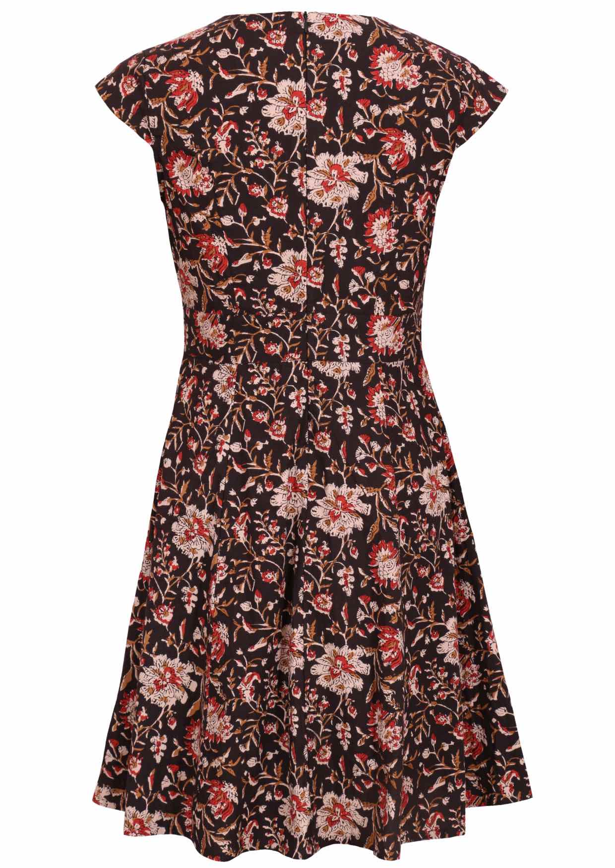 Black based traditional Indian floral print cotton dress with zip at the back.
