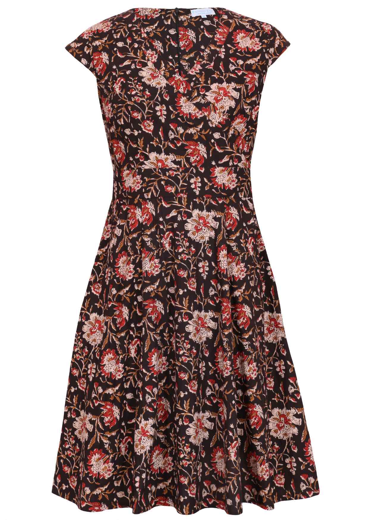 Black based traditional Indian floral print cotton dress with V-neckline.