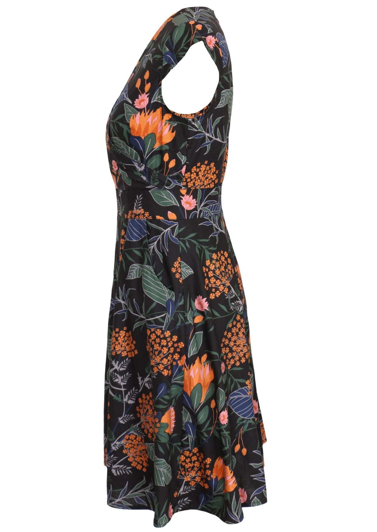 Side image of above knee length cotton dress with pocket and cap sleeves