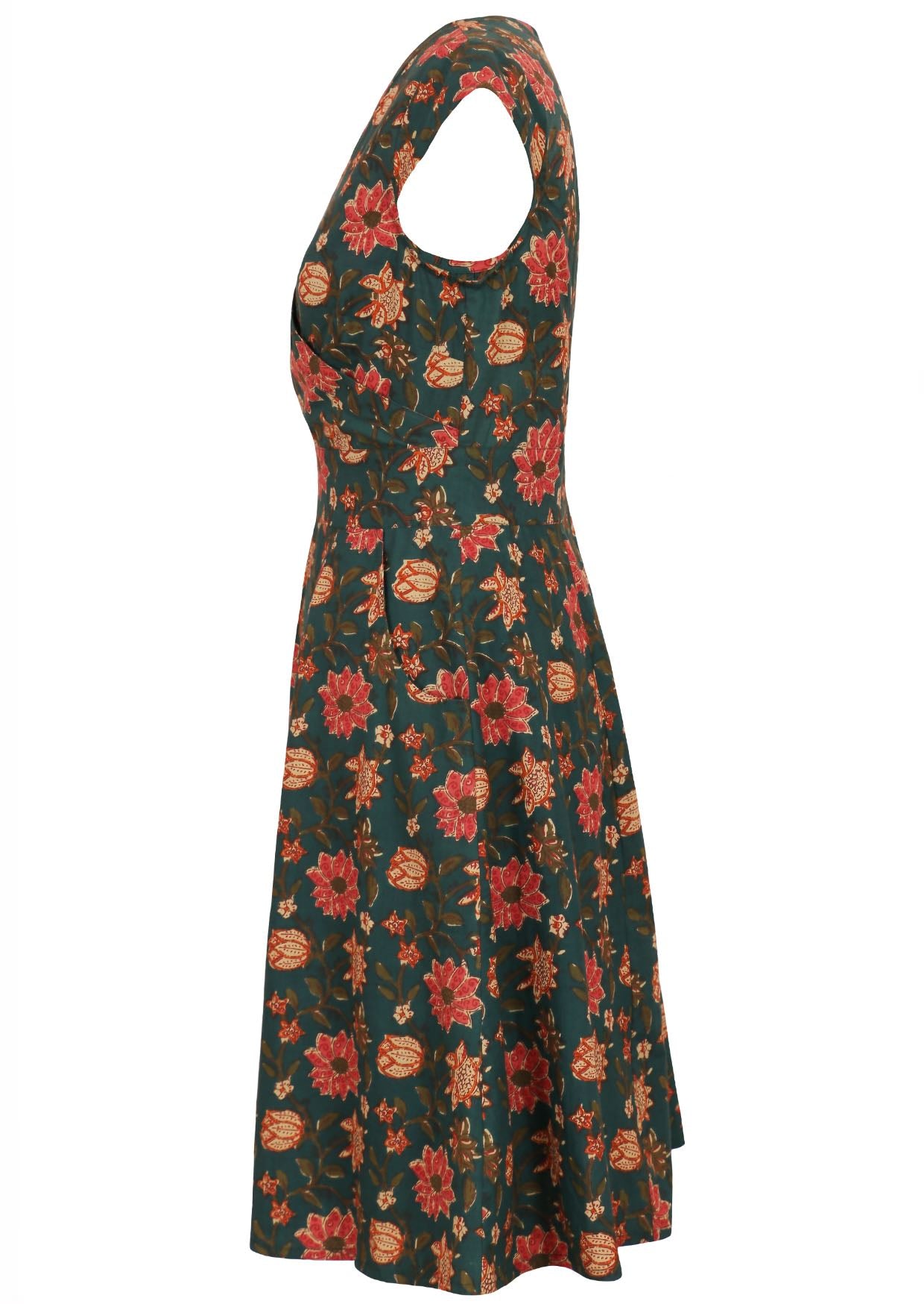 Side image of retro style, deep green based floral print cotton dress with pockets and short cap sleeves.