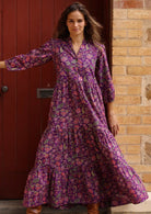 3/4 sleeve boho maxi dress with V-neckline mandarin collar