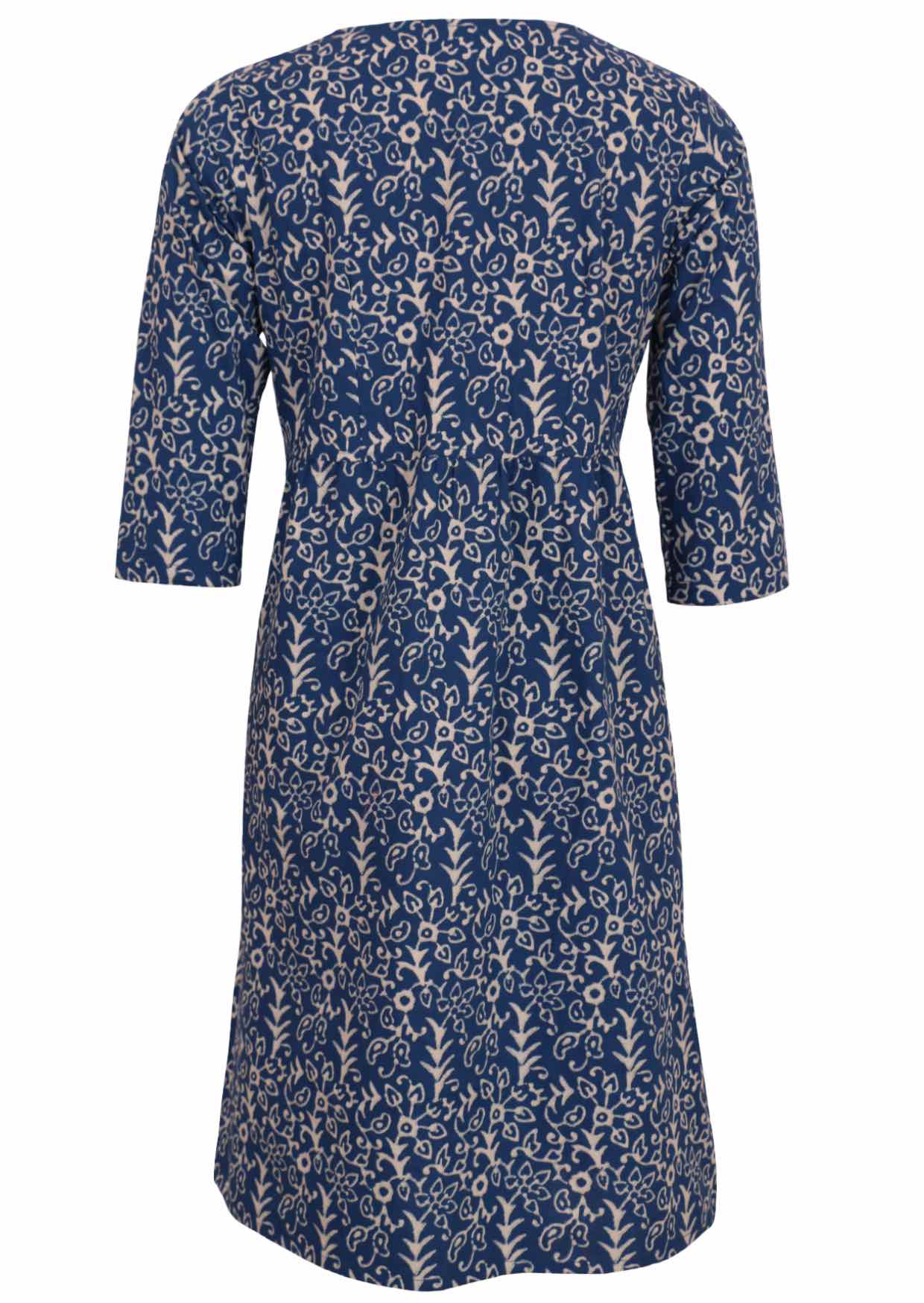 Back mannequin photo of 3/4 sleeve cotton dress that sits over knee