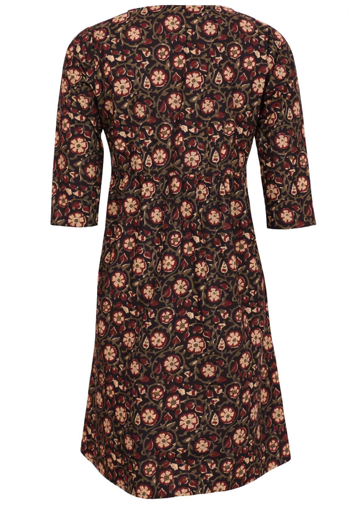 Back image of midlength Cotton dress in printed maroon, cream and olive green florals on black base.