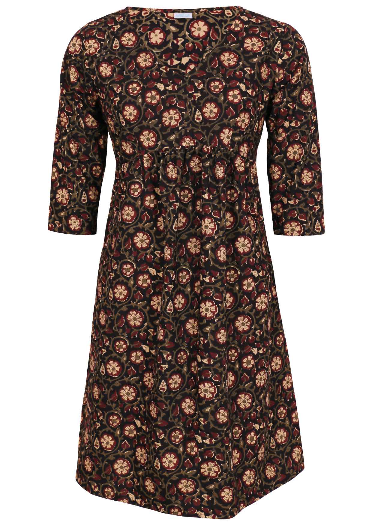 100% cotton 3/4 sleeve dress with small pin tucks in front, empire waistline and pockets.