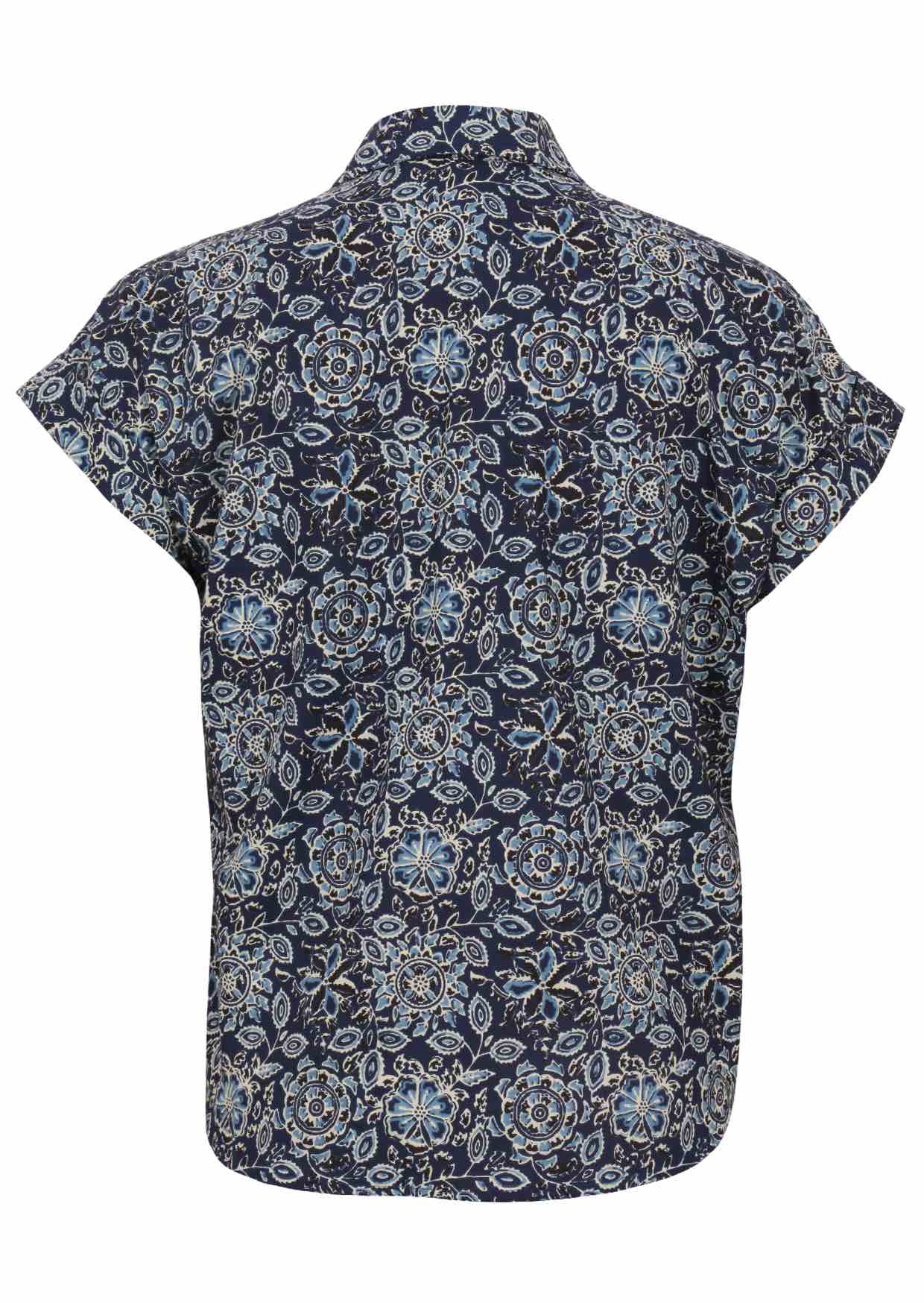 Lightweight 100% cotton top in navy blue with V neckline, collar and short folded sleeves