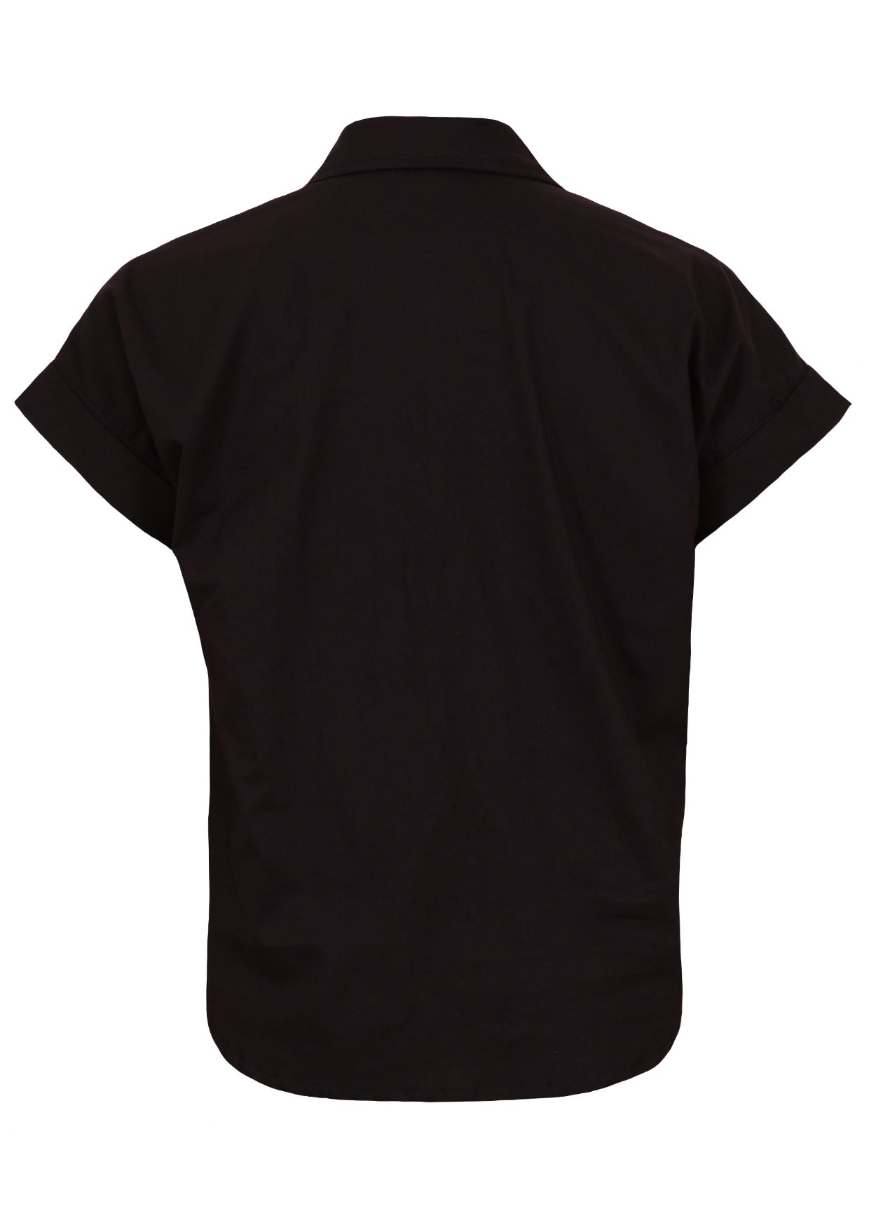 Back of 100% cotton black short sleeve collared relaxed fit top