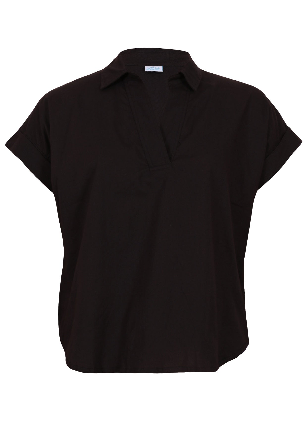 Front of 100% cotton black short sleeve collared relaxed fit top