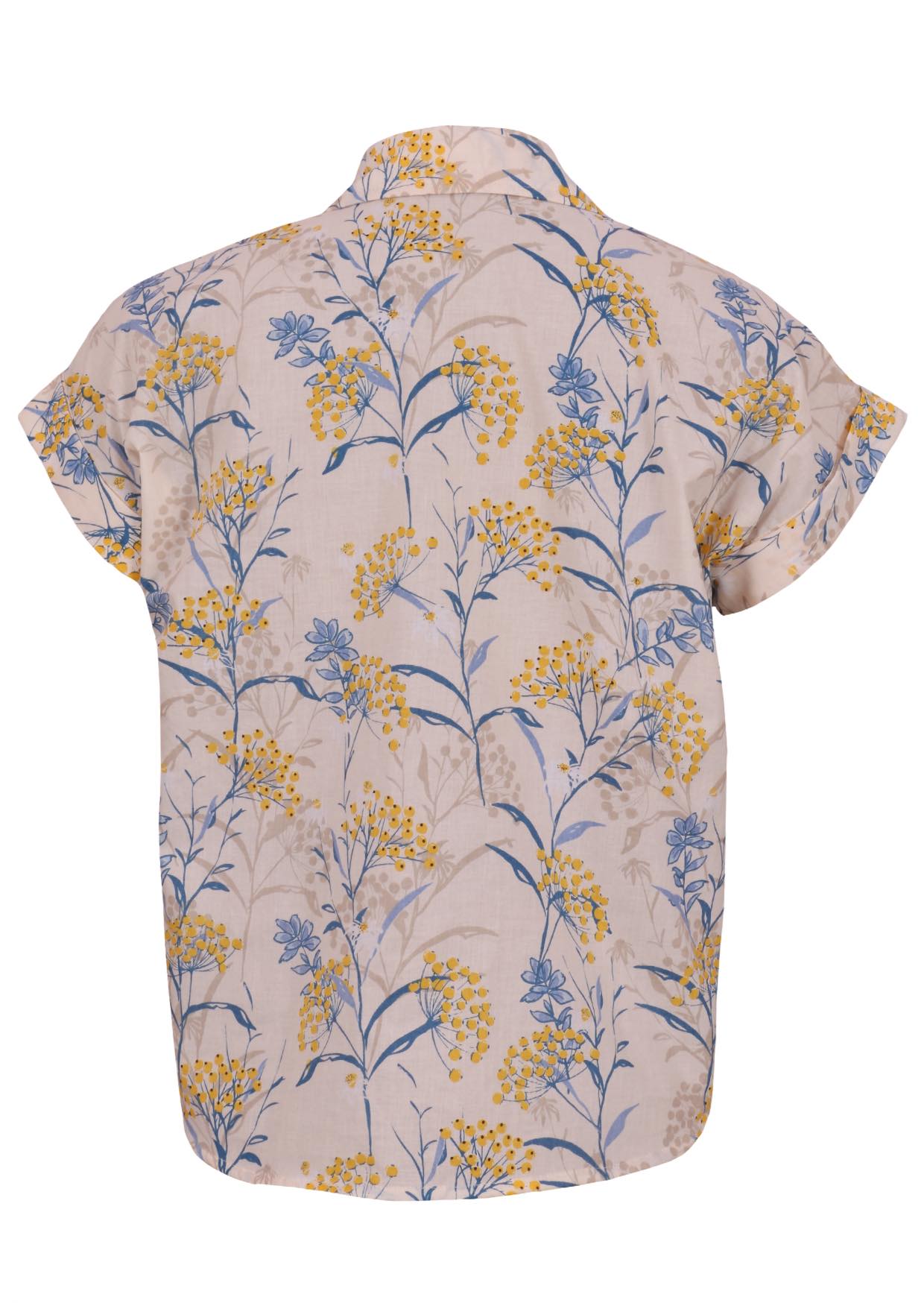 Lightweight 100% cotton top in neutral with V neckline, collar and short folded sleeves